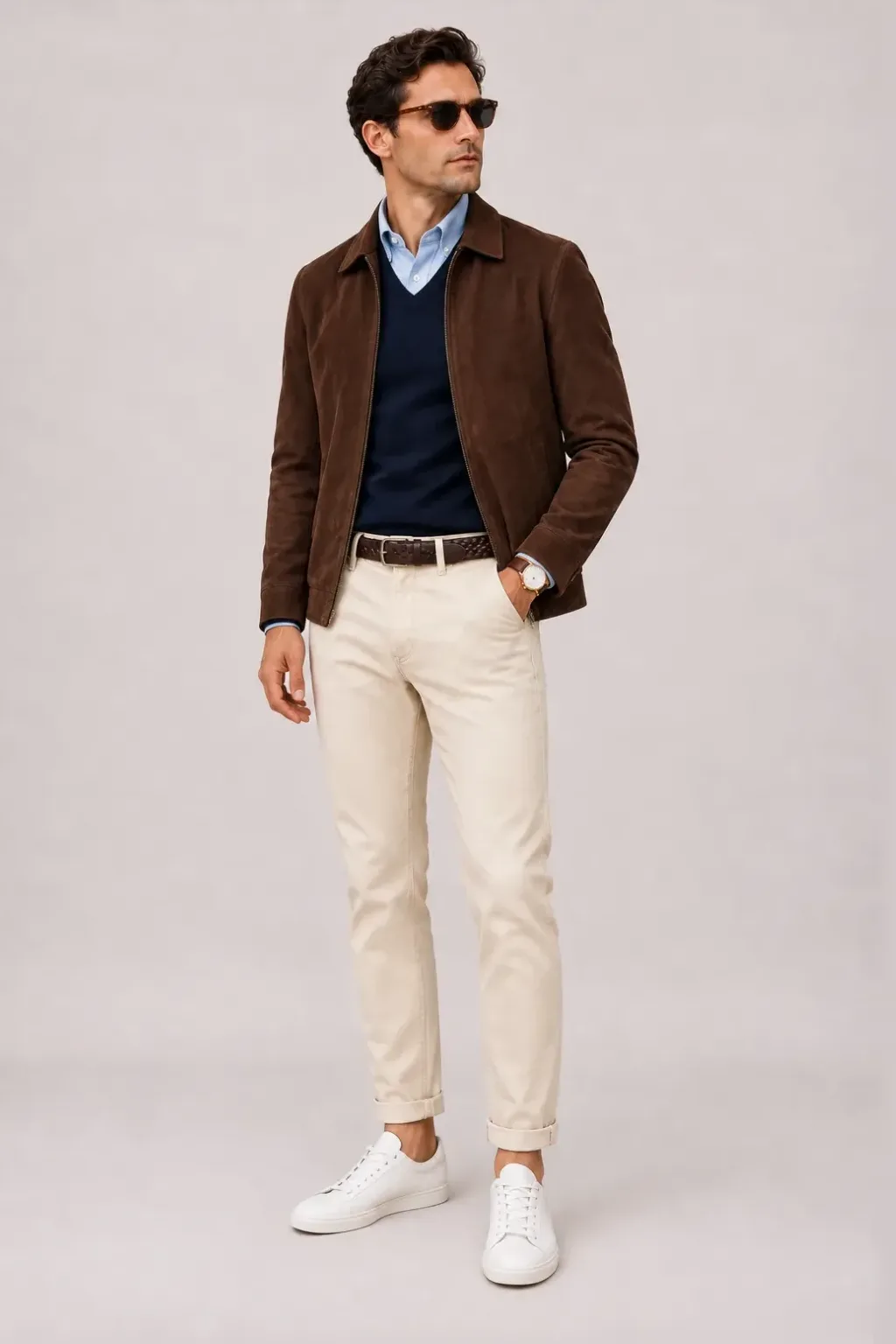 Wildlederjacke Schokobraun über V-Neck-Pullover Feinstrick Navy und Button-Down-Hemd Hellblau, dazu Chino Creme und Chelsea Boot Wildleder — Sneaker Weiss