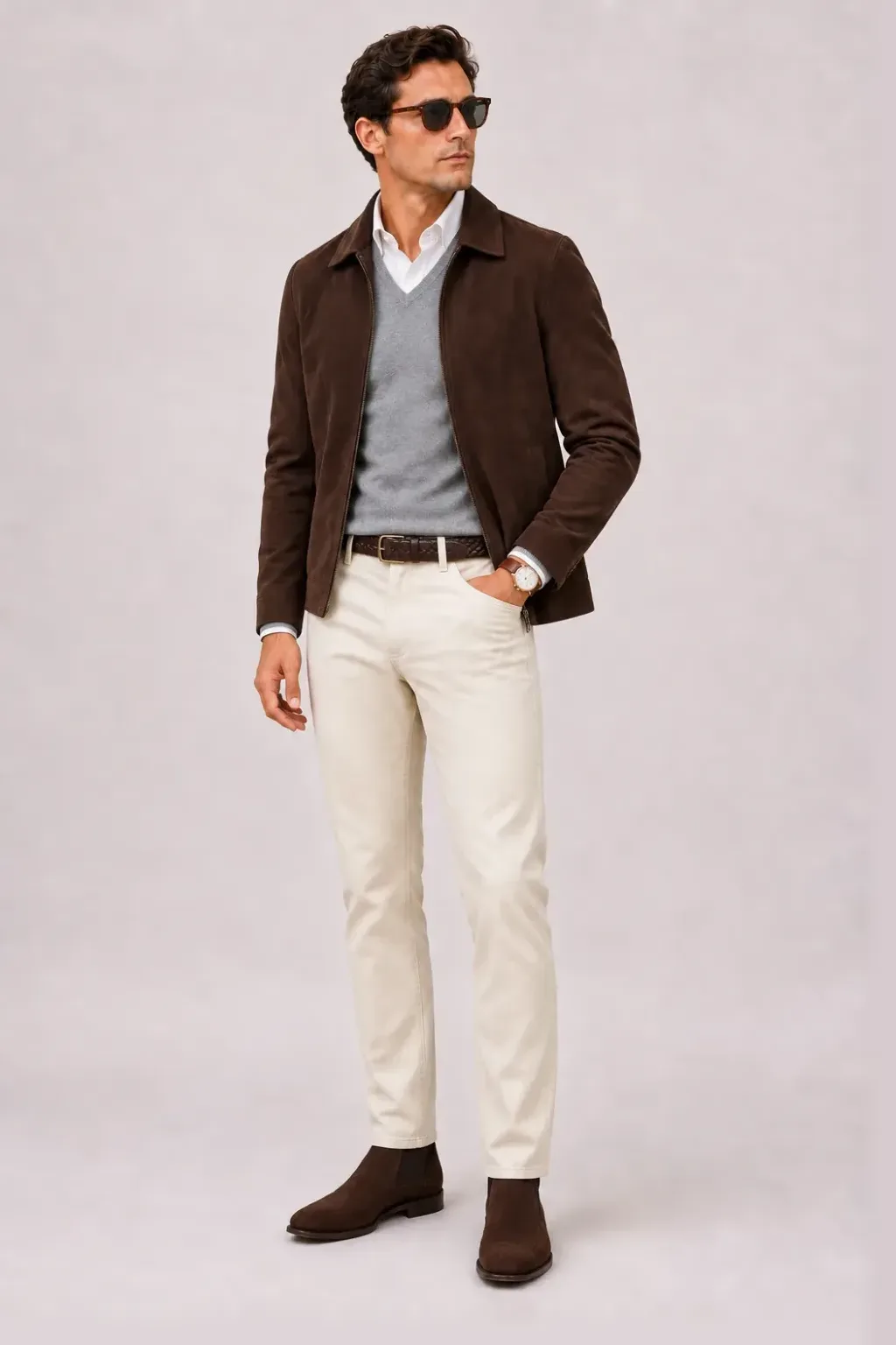 Wildlederjacke Schokobraun über Button-Down-Hemd, dazu Chino Creme und Chelsea Boot Wildleder — V-Neck-Pullover Feinstrick Hellgrau