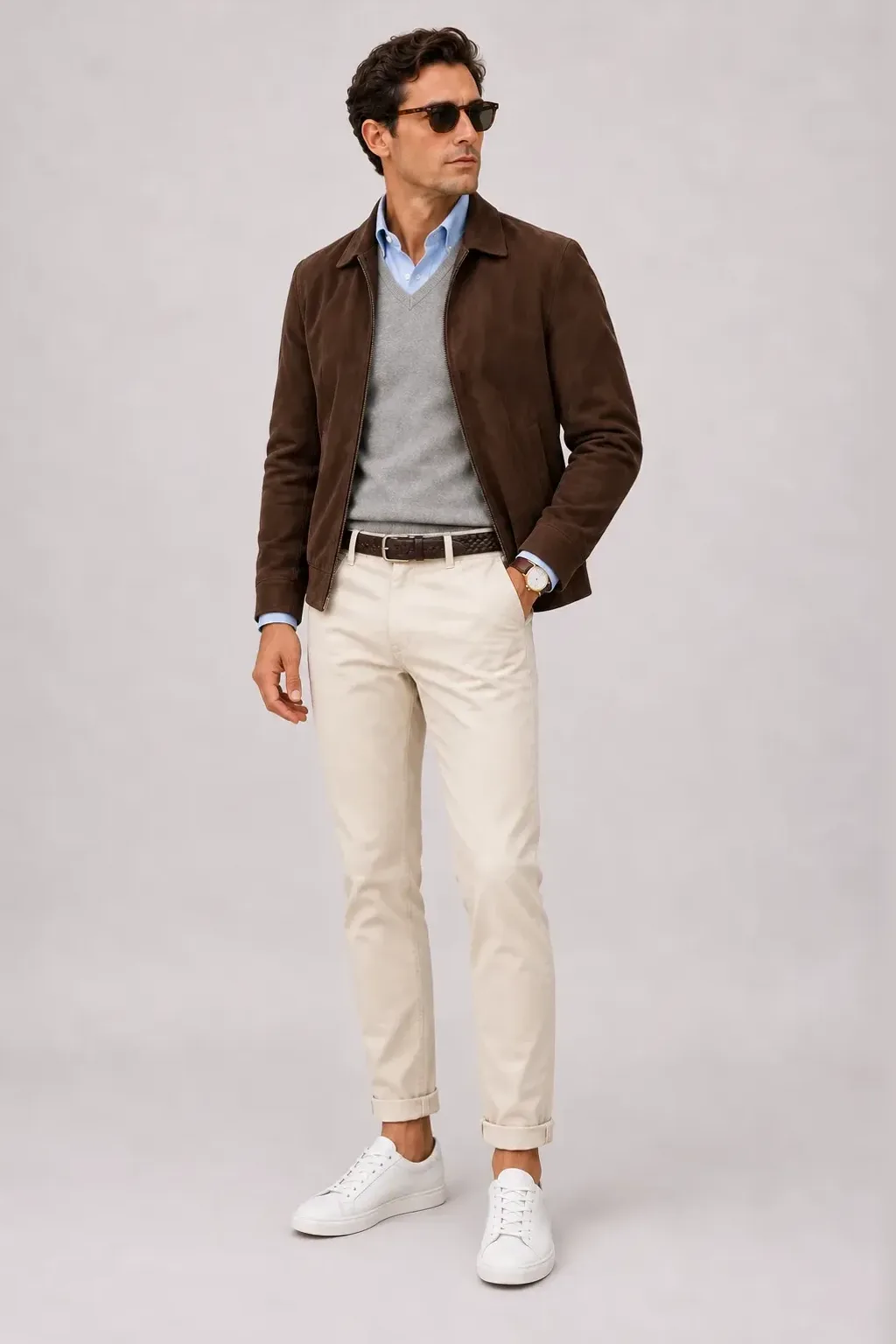 Wildlederjacke Schokobraun über V-Neck-Pullover Feinstrick Hellgrau und Button-Down-Hemd Weiss, dazu Chino Creme und Chelsea Boot Wildleder — Button-Down-Hemd Hellblau