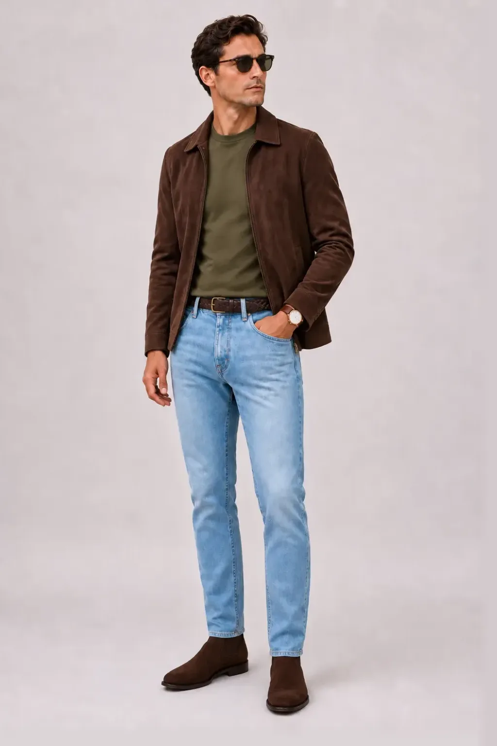 Wildlederjacke Schokobraun über V-Neck-Pullover Feinstrick, dazu Jeans Hellblau und Chelsea Boot Wildleder — T-Shirt Oliv