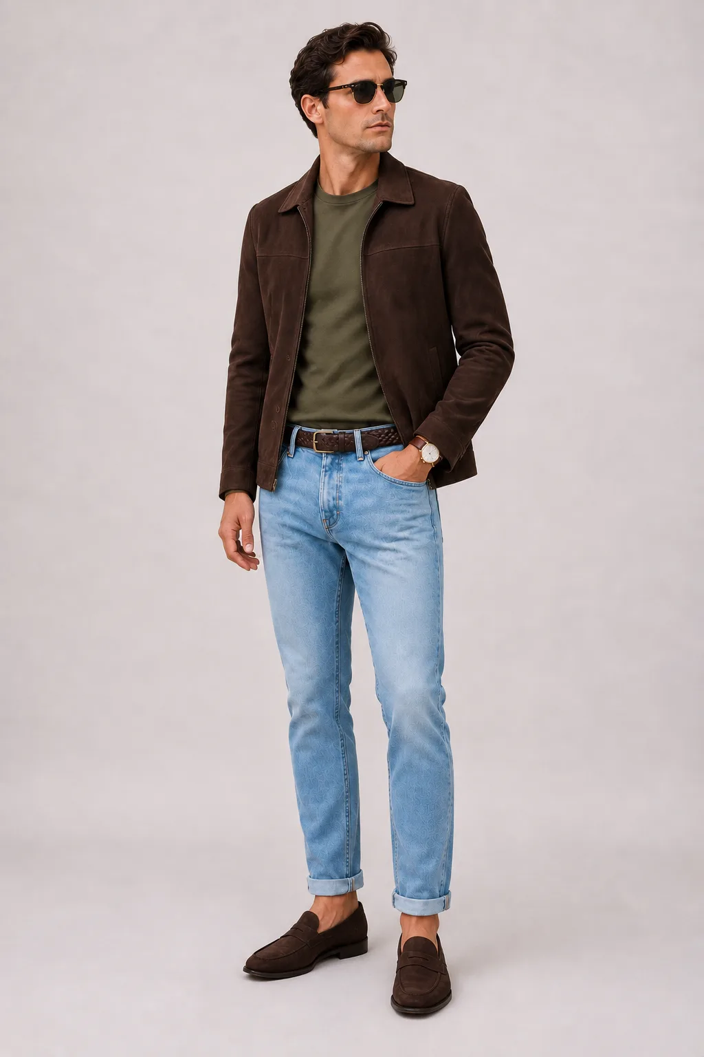 Wildlederjacke Schokobraun über T-Shirt, dazu Jeans Hellblau und Chelsea Boot Wildleder