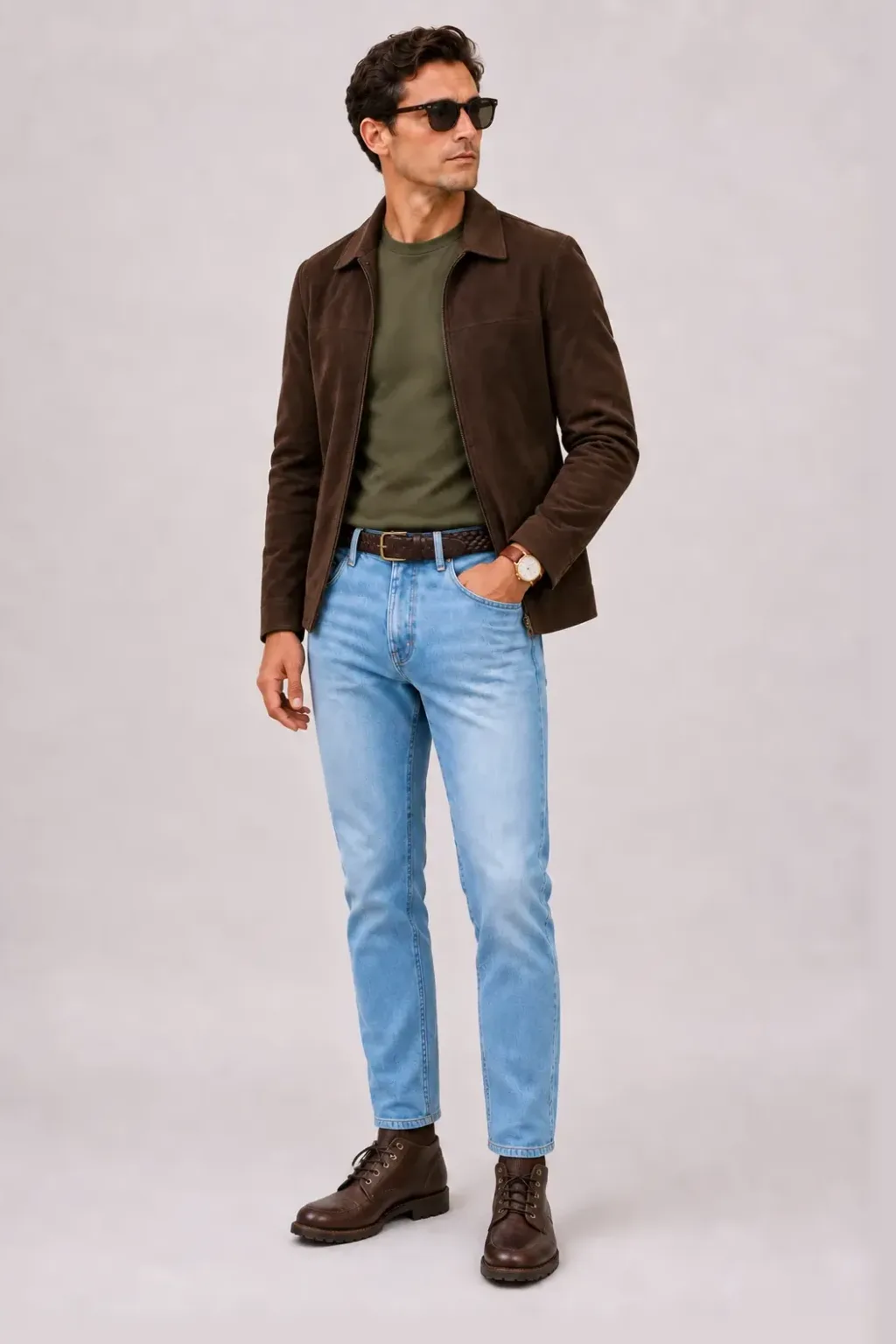 Wildlederjacke Schokobraun über T-Shirt, dazu Jeans Hellblau und Chelsea Boot Wildleder