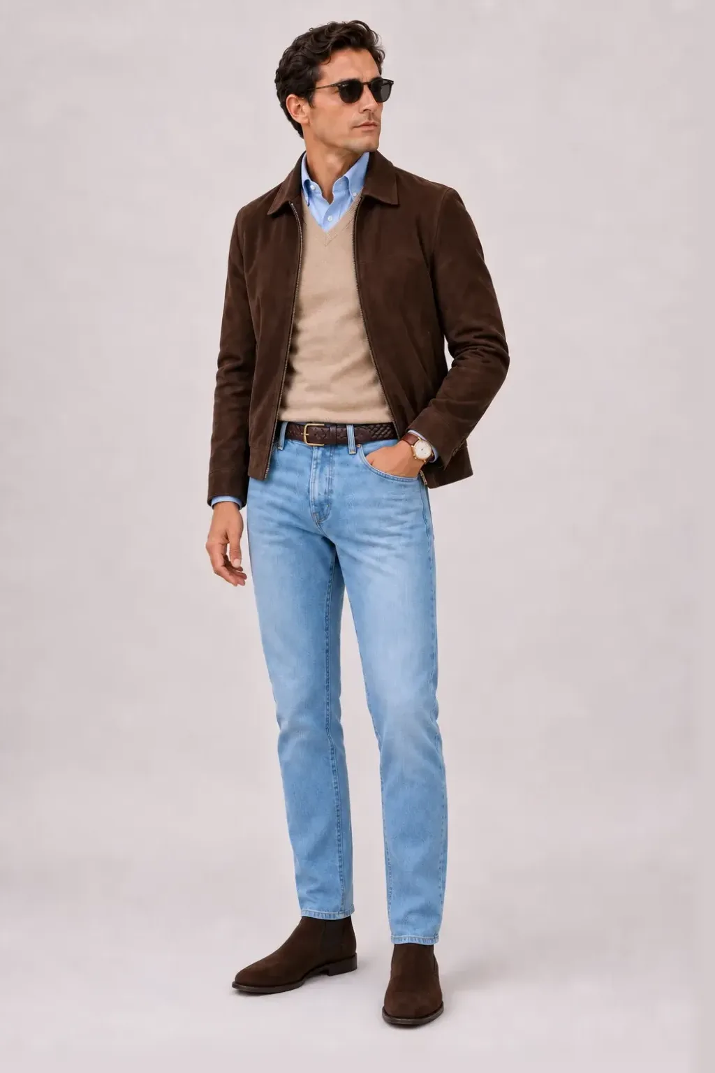 Wildlederjacke Schokobraun über V-Neck-Pullover Feinstrick, dazu Jeans Hellblau und Chelsea Boot Wildleder