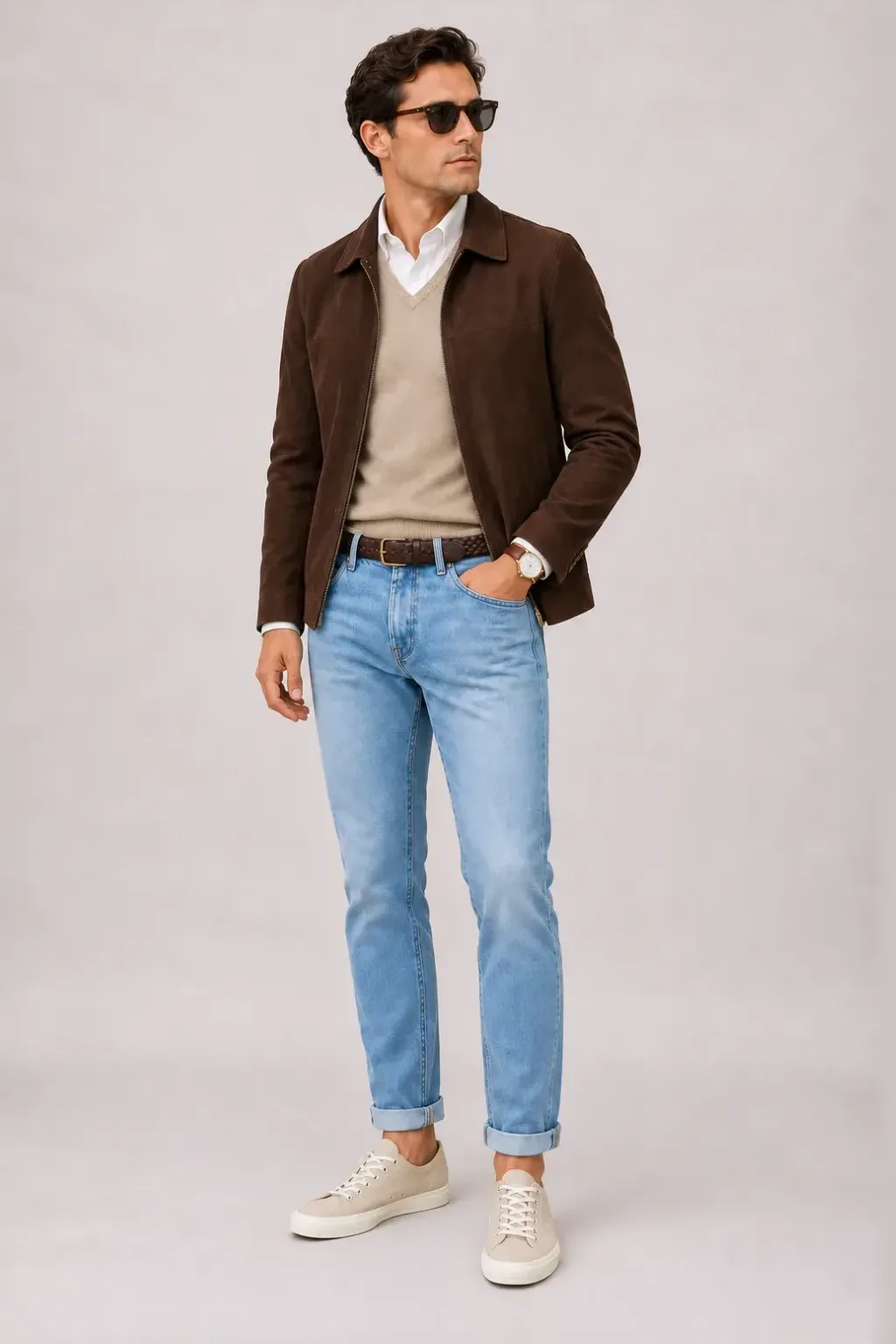 Wildlederjacke Schokobraun über V-Neck-Pullover Feinstrick, dazu Jeans Hellblau und Chelsea Boot Wildleder — Button-Down-Hemd Weiss