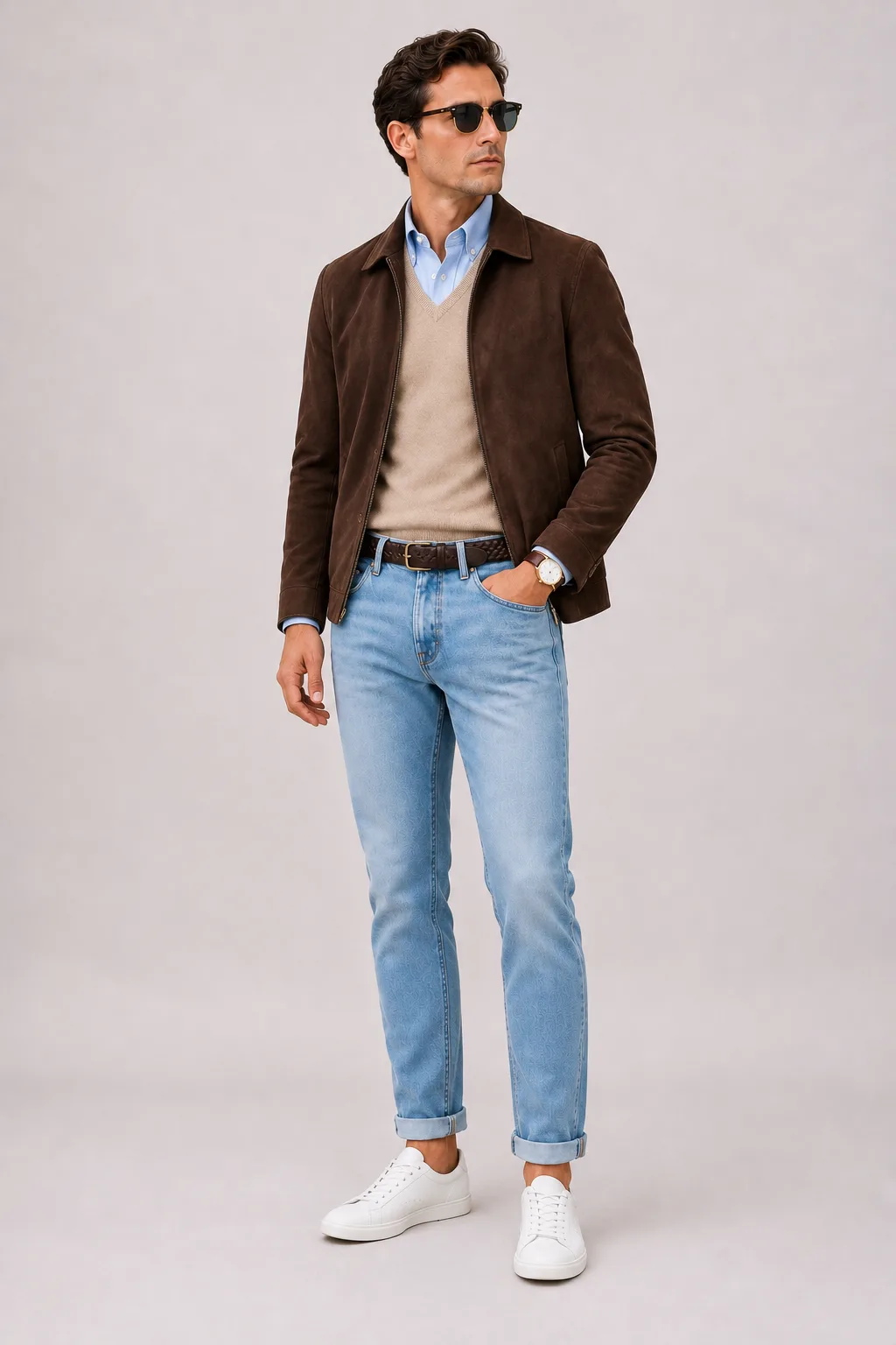 Wildlederjacke Schokobraun über V-Neck-Pullover Feinstrick, dazu Jeans Hellblau und Chelsea Boot Wildleder