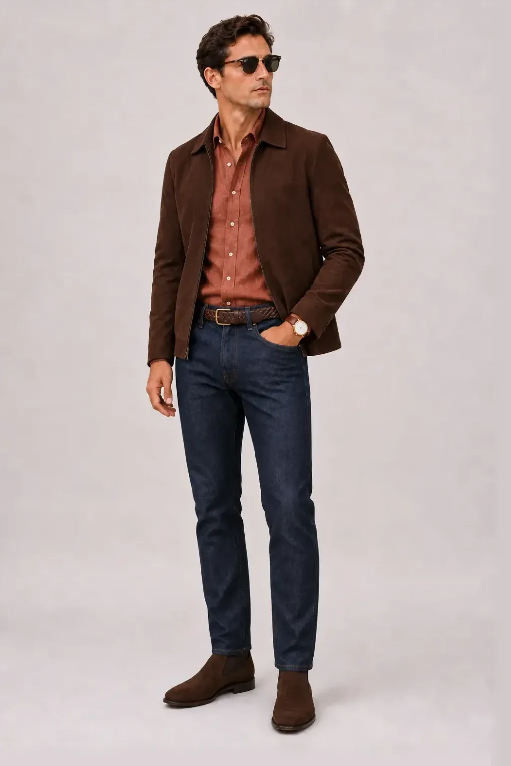 Wildlederjacke Schokobraun über Leinenhemd, dazu Jeans Navy und Chelsea Boot Wildleder