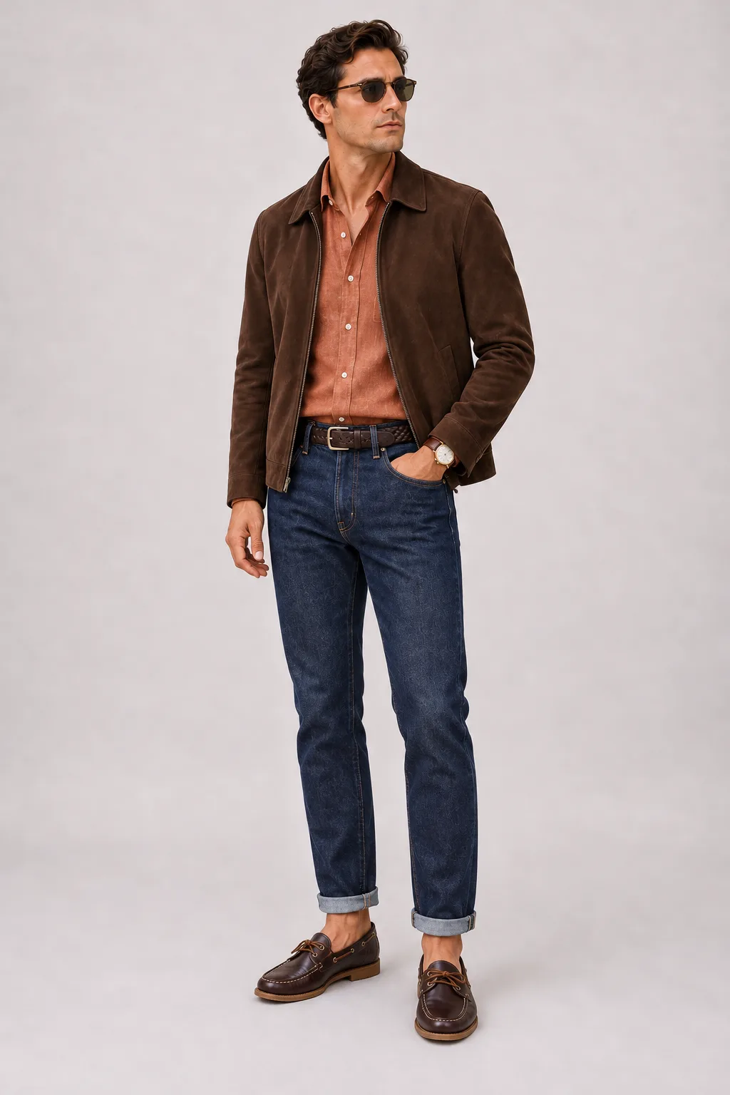 Wildlederjacke Schokobraun über Leinenhemd, dazu Jeans Navy und Chelsea Boot Wildleder