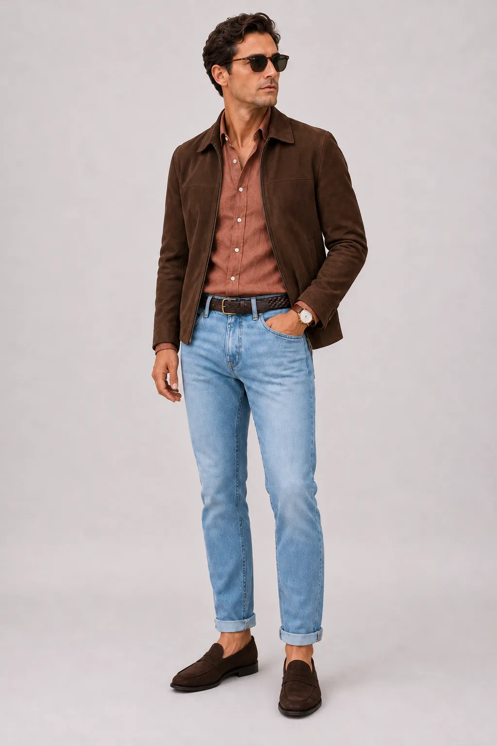 Wildlederjacke Schokobraun über Leinenhemd, dazu Jeans Hellblau und Penny Loafer Wildleder