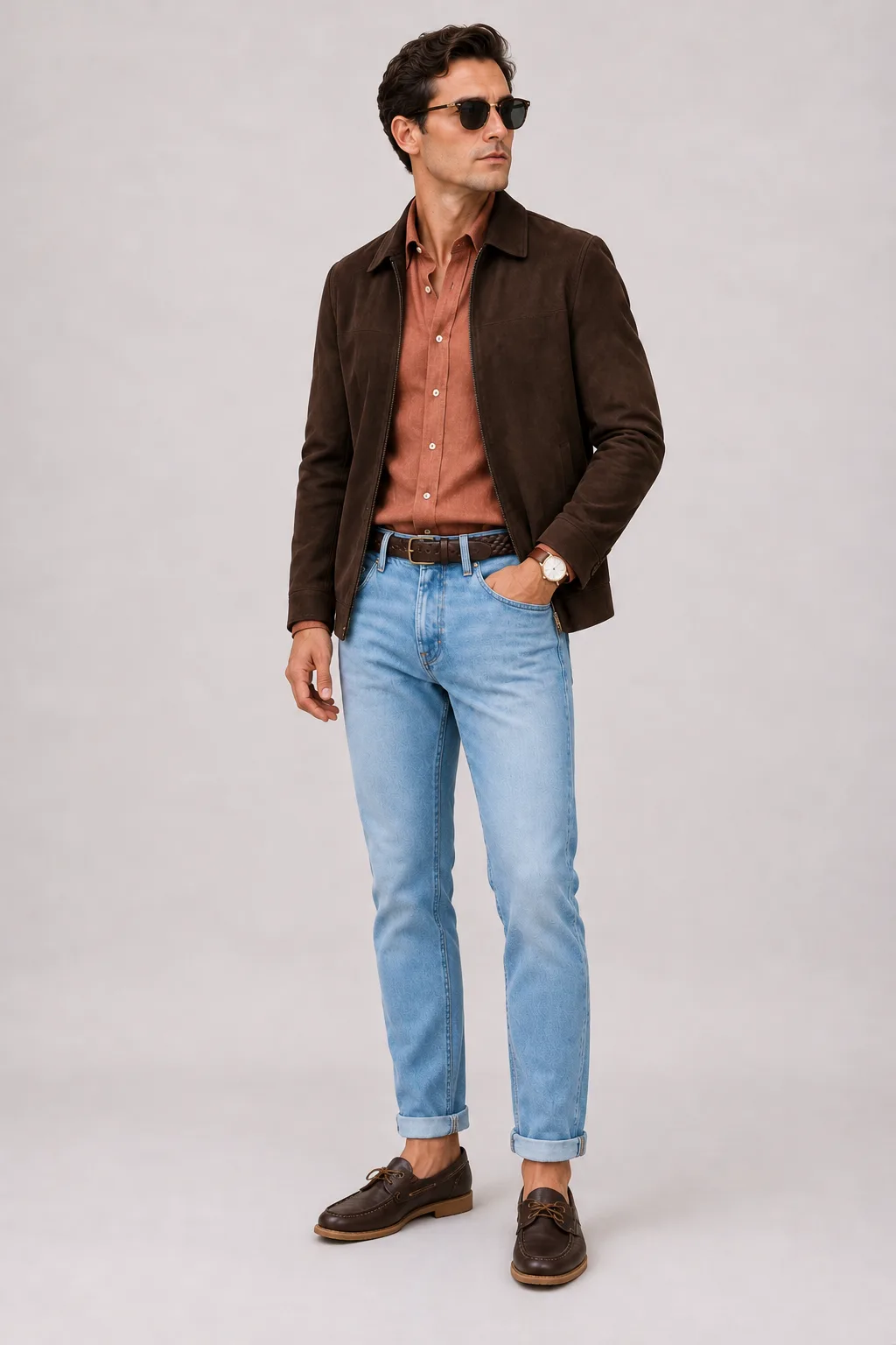 Wildlederjacke Schokobraun über Leinenhemd, dazu Jeans Hellblau und Penny Loafer Wildleder