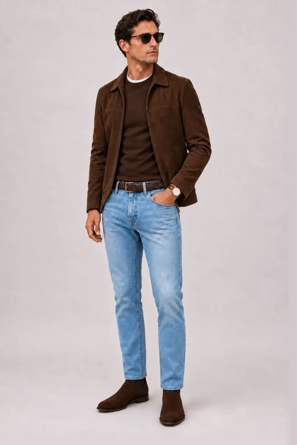 Wildlederjacke Schokobraun über Crewneck-Pullover Feinstrick, dazu Jeans Hellblau und Chelsea Boot Wildleder
