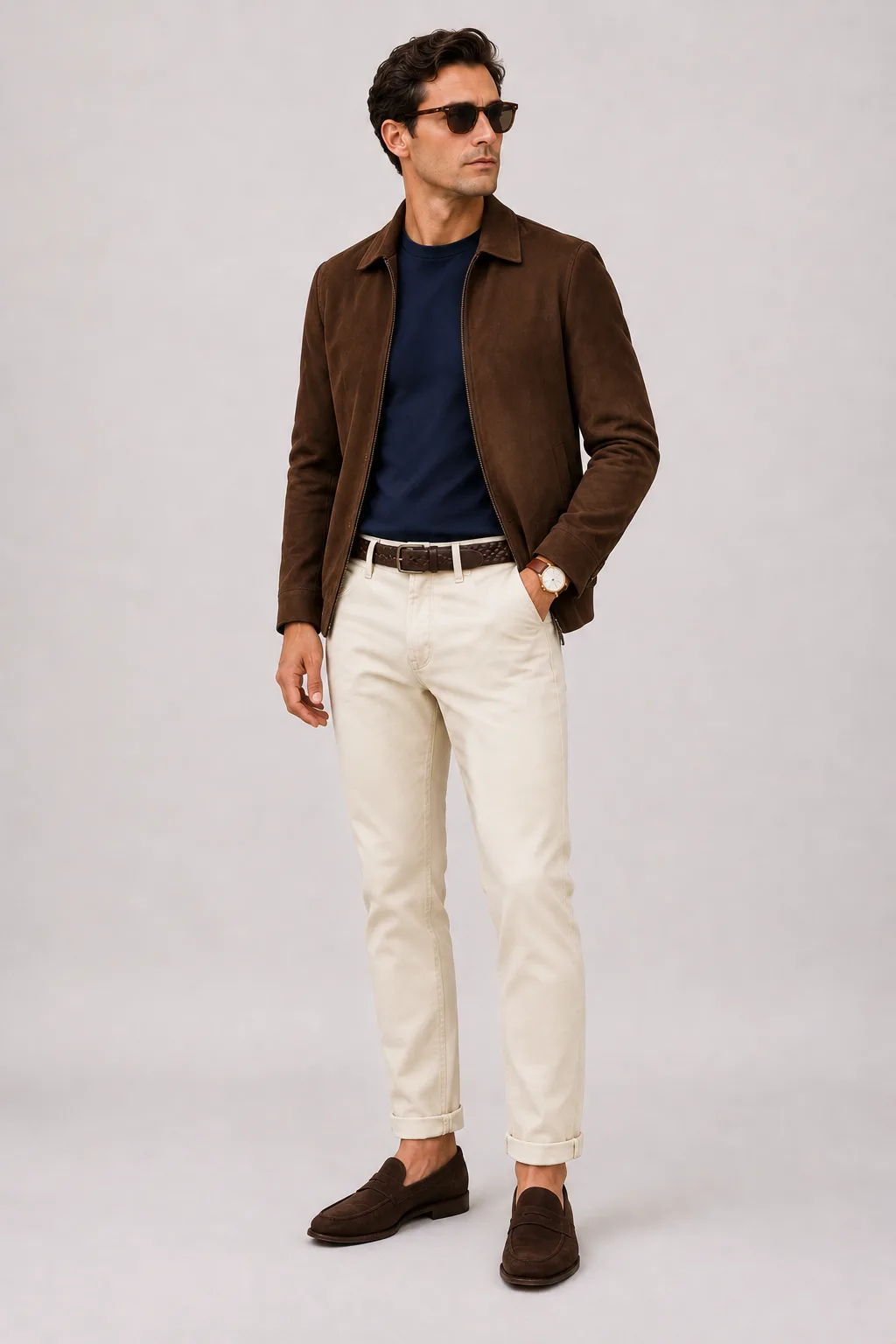 Wildlederjacke Schokobraun über Strickpolo, dazu Chino Creme und Penny Loafer Wildleder — T-Shirt Navy