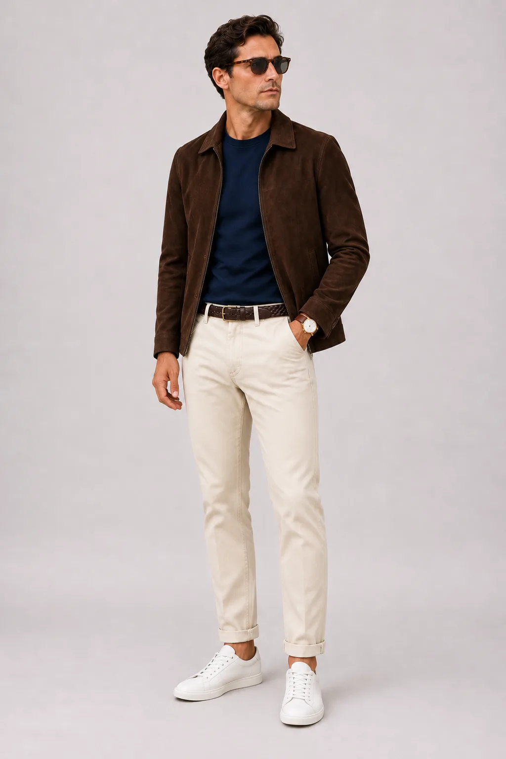 Wildlederjacke Schokobraun über T-Shirt, dazu Chino Creme und Penny Loafer Wildleder