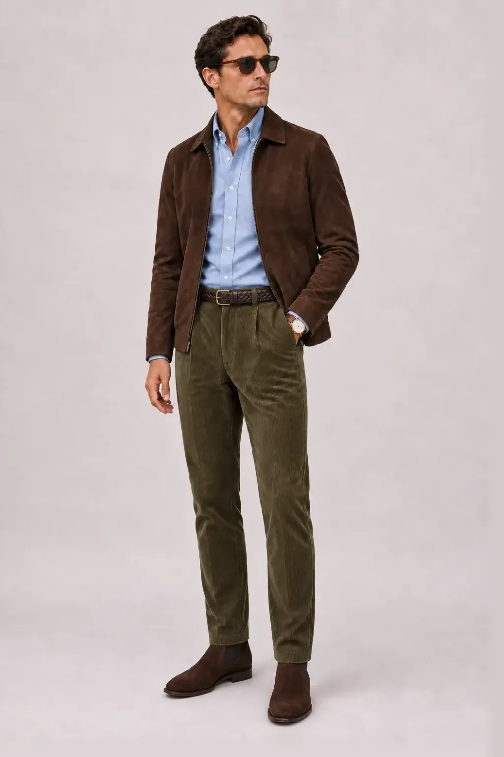 Wildlederjacke Schokobraun über Button-Down-Hemd, dazu Cordhose Oliv und Chelsea Boot Wildleder