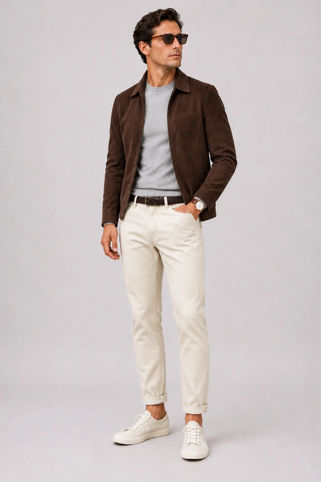 Wildlederjacke Schokobraun über Crewneck-Pullover Feinstrick, dazu Chino Creme und Canvas Sneaker
