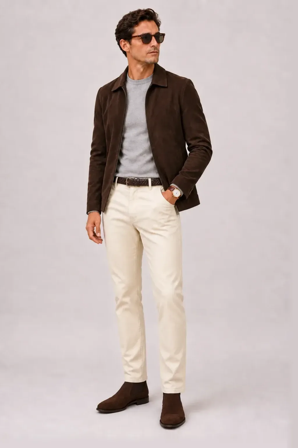 Wildlederjacke Schokobraun über Crewneck-Pullover Feinstrick, dazu Chino Creme und Canvas Sneaker