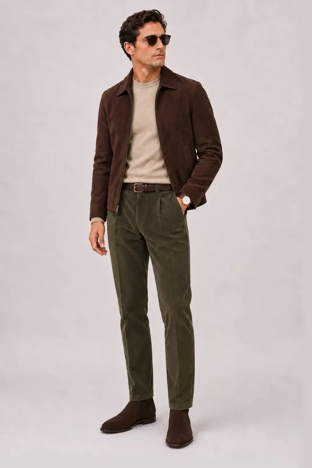 Wildlederjacke Schokobraun über Rollkragenpullover, dazu Cordhose Oliv und Chelsea Boot Wildleder — Crewneck-Pullover Feinstrick Beige
