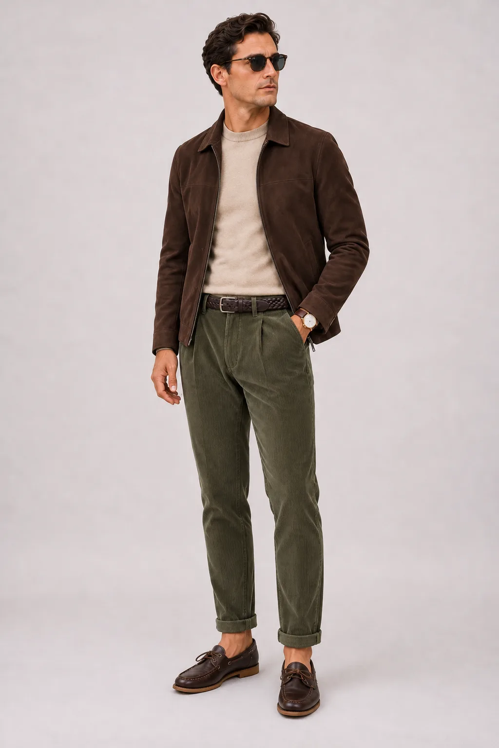 Wildlederjacke Schokobraun über Crewneck-Pullover Feinstrick Beige, dazu Cordhose Oliv und Chelsea Boot Wildleder