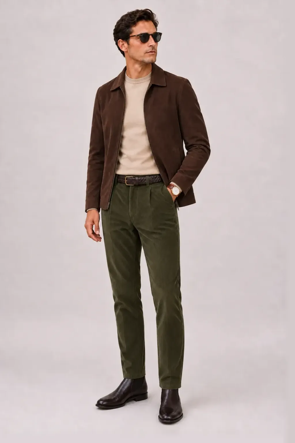 Wildlederjacke Schokobraun über Crewneck-Pullover Feinstrick Beige, dazu Cordhose Oliv und Chelsea Boot Wildleder