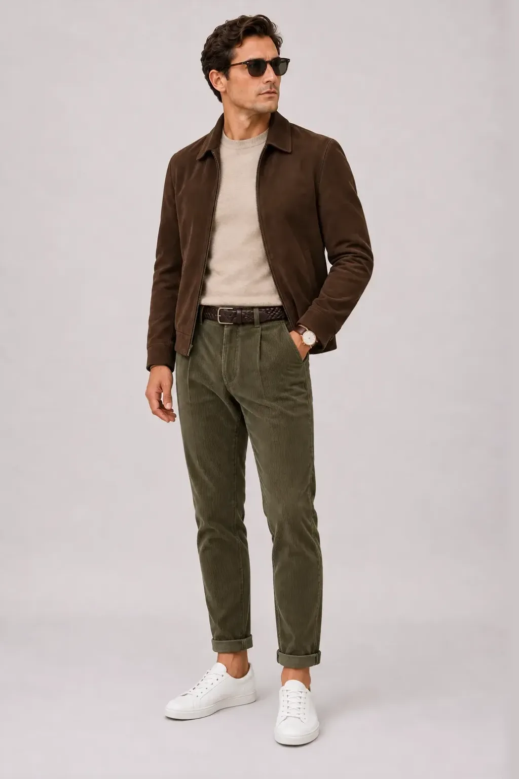 Wildlederjacke Schokobraun über Crewneck-Pullover Feinstrick Beige, dazu Cordhose Oliv und Chelsea Boot Wildleder