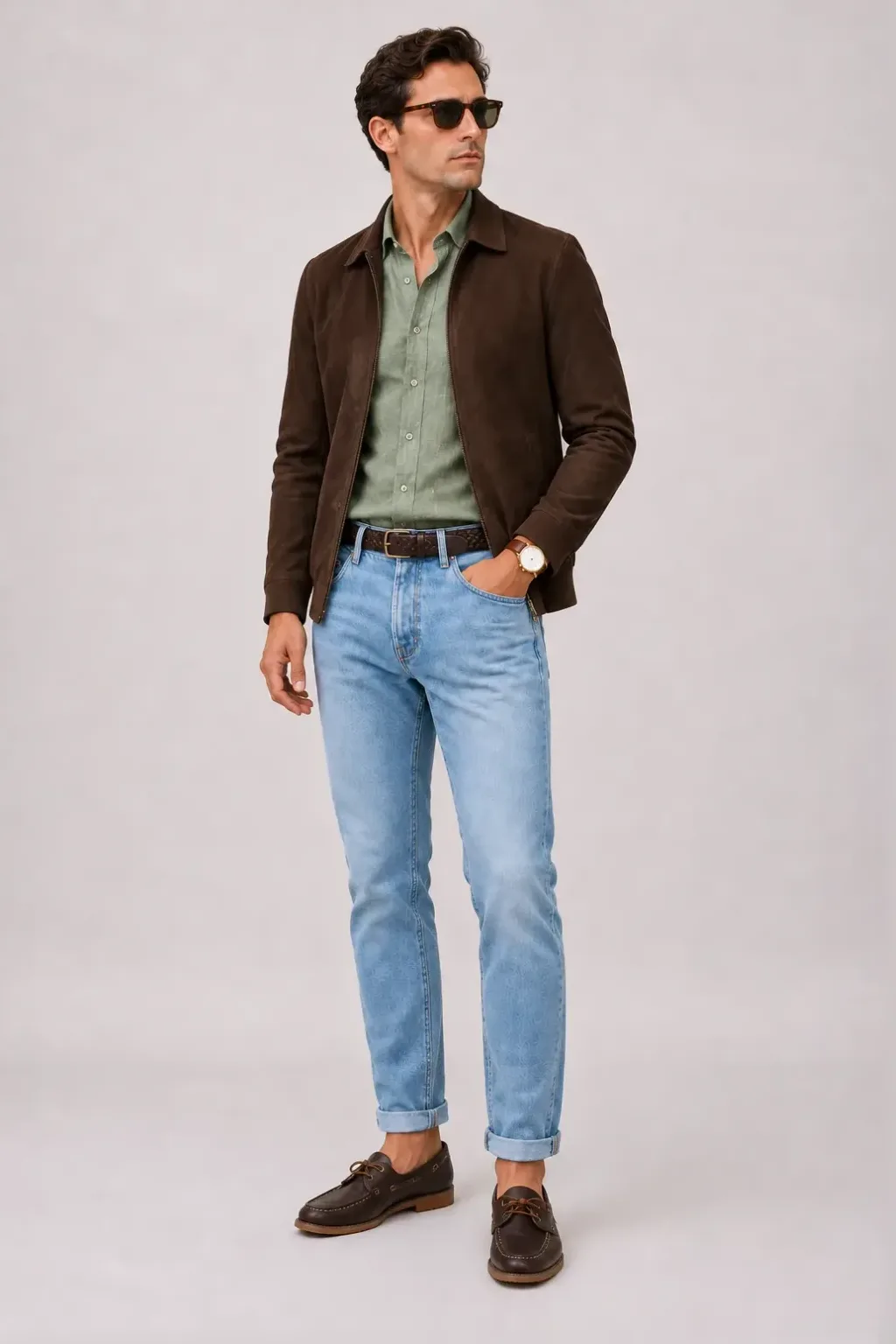 Wildlederjacke Schokobraun über Leinenhemd Salbei, dazu Jeans Hellblau und Bootsschuh