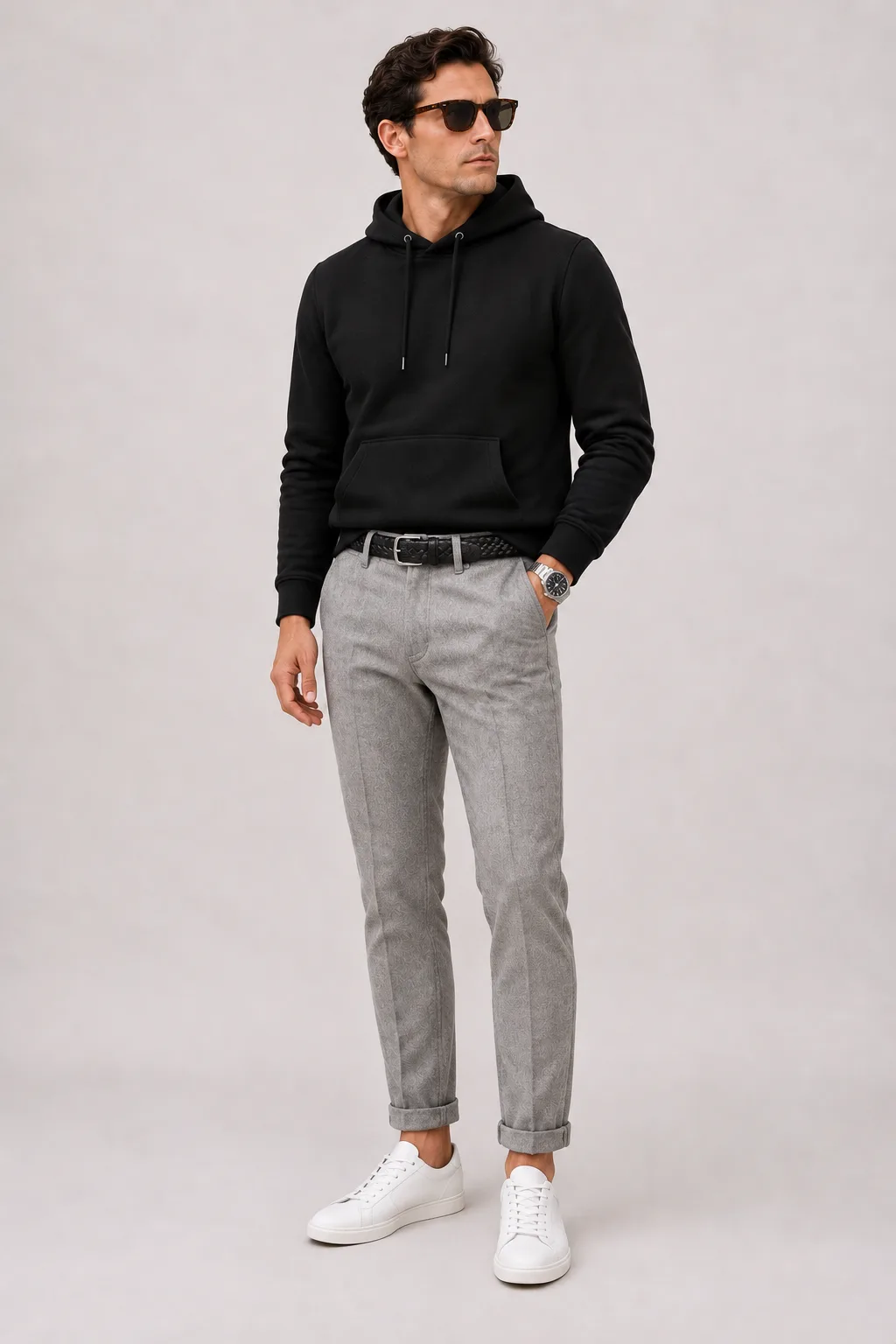 Hoodie Schwarz, dazu Flanellhose Hellgrau und GAT (Turnschuh) — Sneaker Weiss