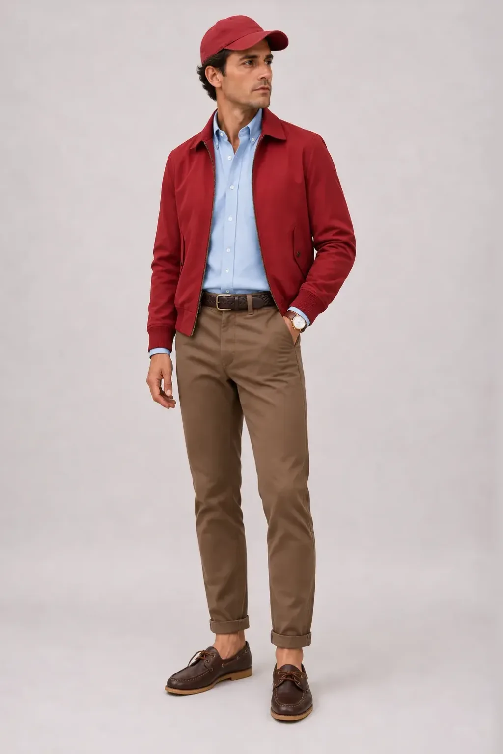 Harrington Blouson Rot über Button-Down-Hemd, dazu Chino Walnuss und Bootsschuh