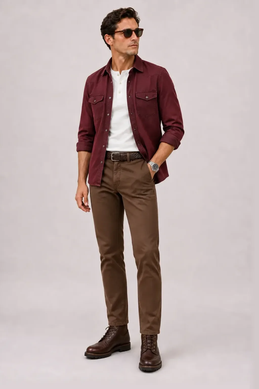 Denim-Hemd Bordeaux über Henley, dazu Chino Braun und Work Boot