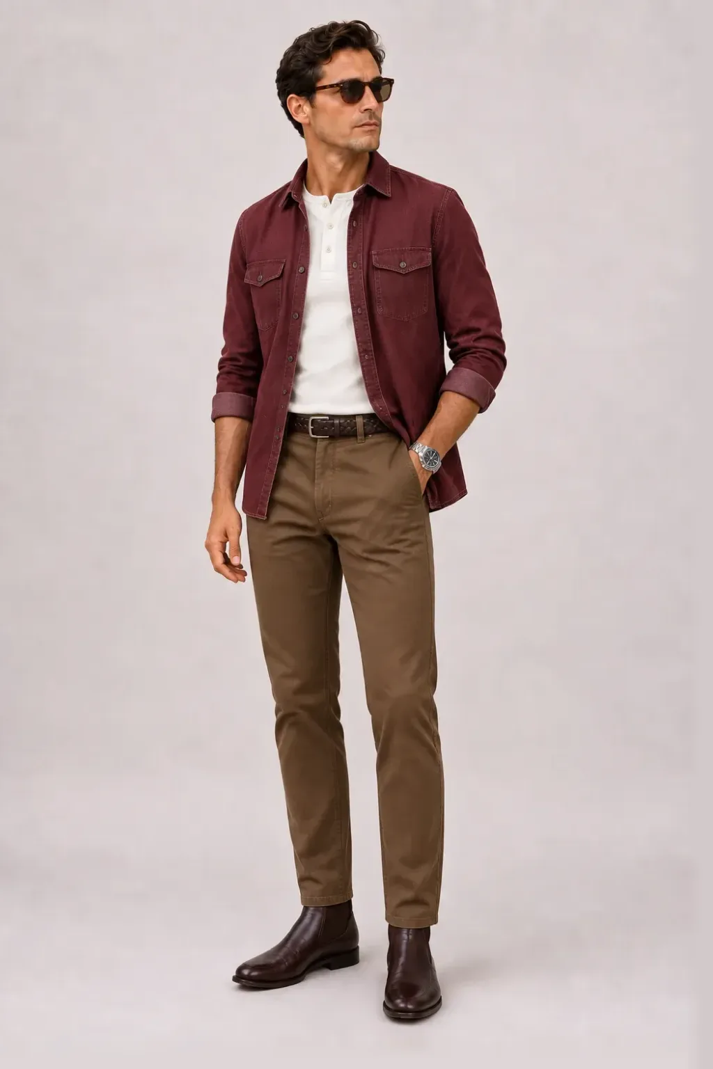 Denim-Hemd Bordeaux über Henley, dazu Chino Braun und Work Boot — Chelsea Boot Dunkelbraun