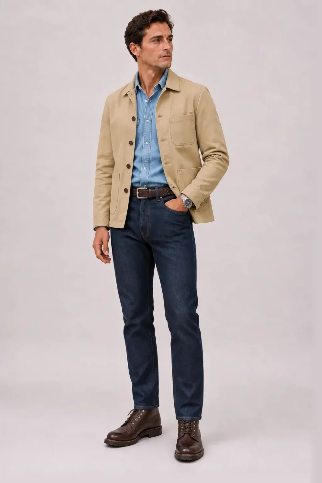 Chore Jacket Beige über Denim-Hemd, dazu Jeans Navy und Work Boot