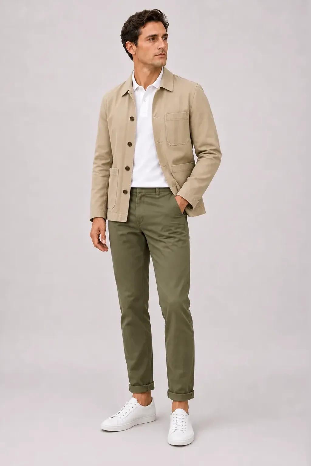 Chore Jacket Beige über Poloshirt, dazu Chino Oliv und Sneaker