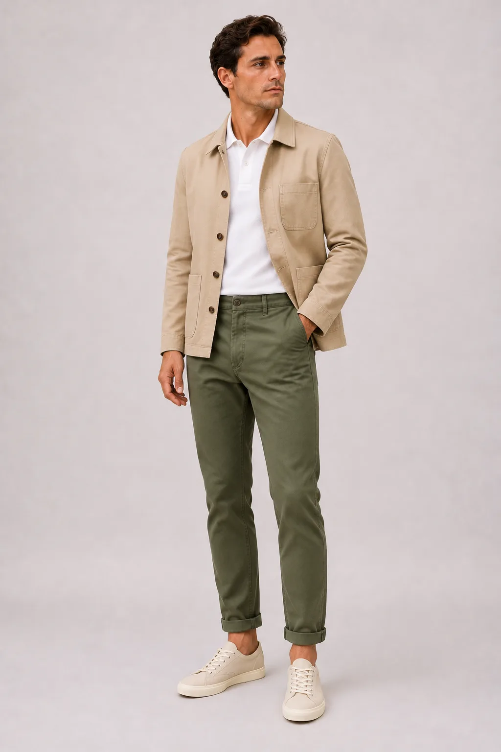 Chore Jacket Beige über Poloshirt, dazu Chino Oliv und Sneaker — Canvas Sneaker Beige