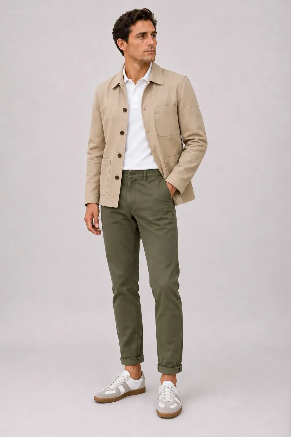 Chore Jacket Beige über Poloshirt, dazu Chino Oliv und Sneaker — GAT (Turnschuh) Weiss