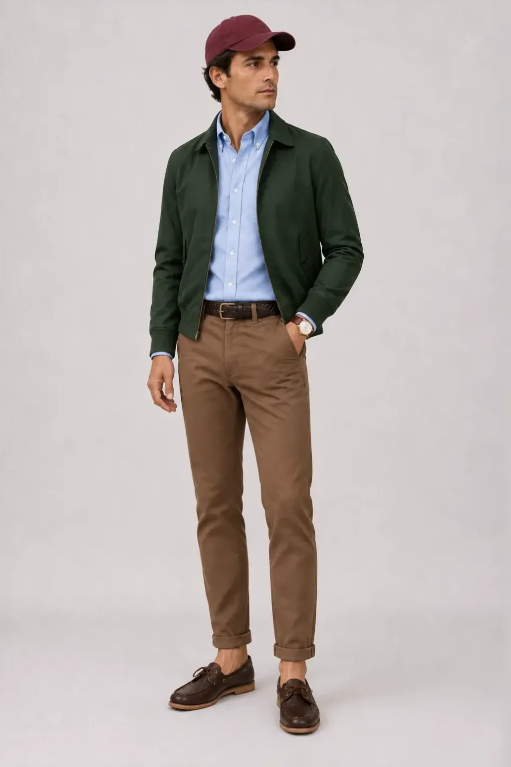 Harrington Blouson Dunkelgrün über Button-Down-Hemd, dazu Chino Walnuss und Bootsschuh