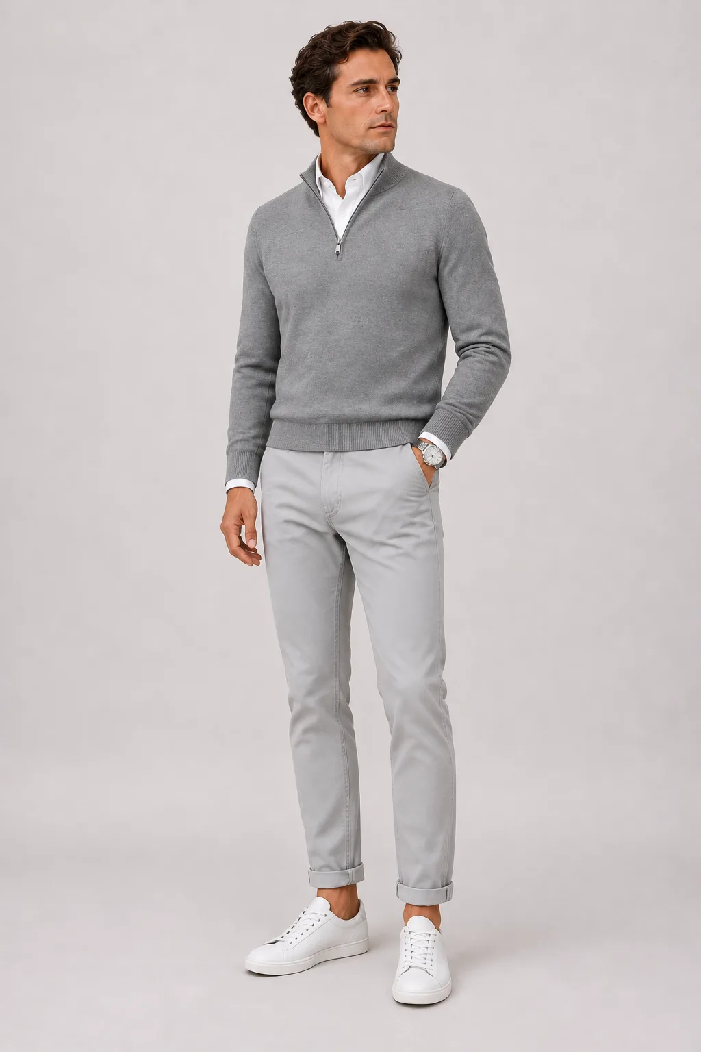 Half-Zip Pullover Feinstrick Mittelgrau über Button-Down-Hemd, dazu Chino Hellgrau und Sneaker