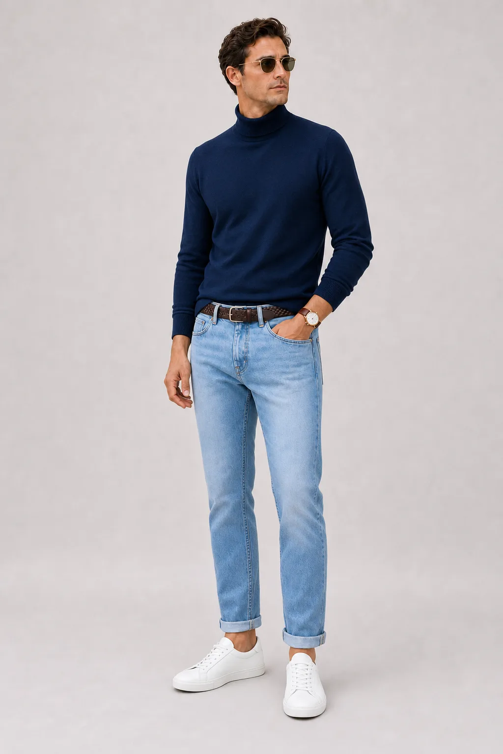 Rollkragenpullover Navy, dazu Jeans Hellblau und Sneaker