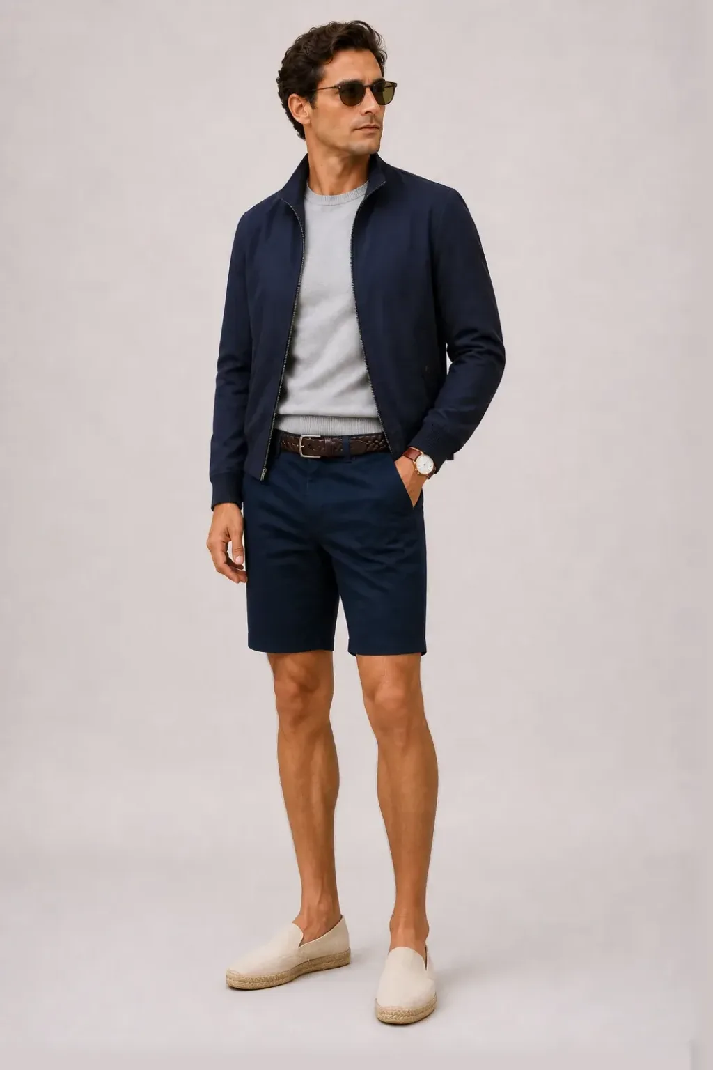 Harrington Blouson Navy über Crewneck-Pullover Feinstrick, dazu Chino-Shorts Navy und Espadrille