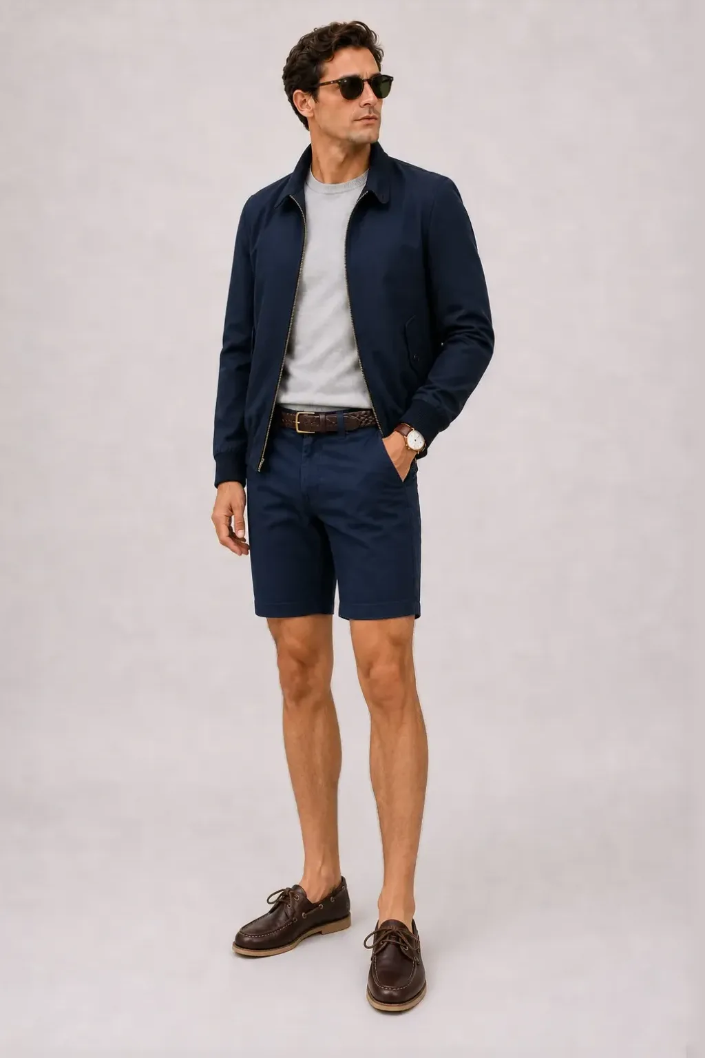 Harrington Blouson Navy über Crewneck-Pullover Feinstrick, dazu Chino-Shorts Navy und Espadrille