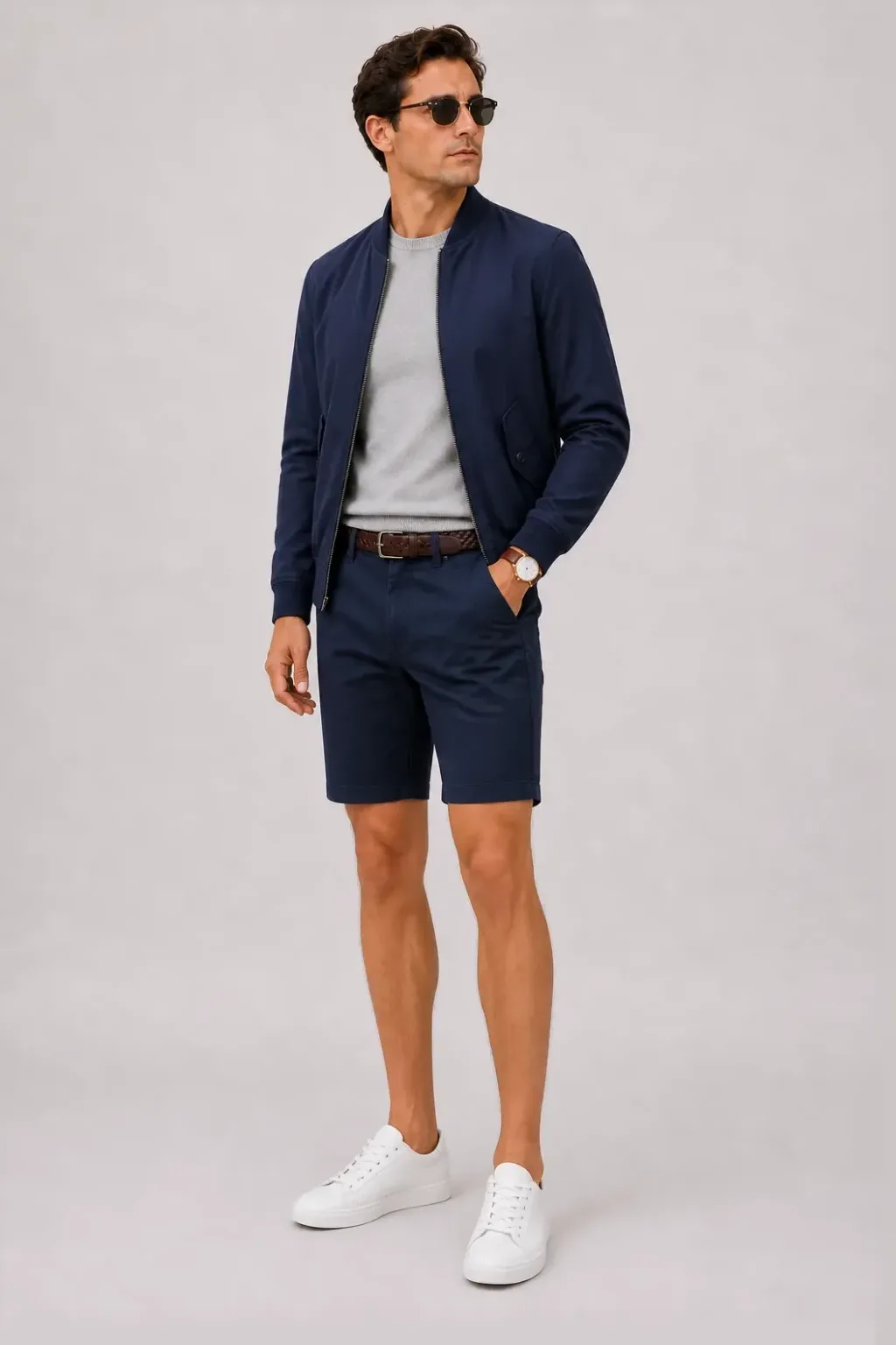 Harrington Blouson Navy über Crewneck-Pullover Feinstrick, dazu Chino-Shorts Navy und Espadrille — Sneaker Weiss