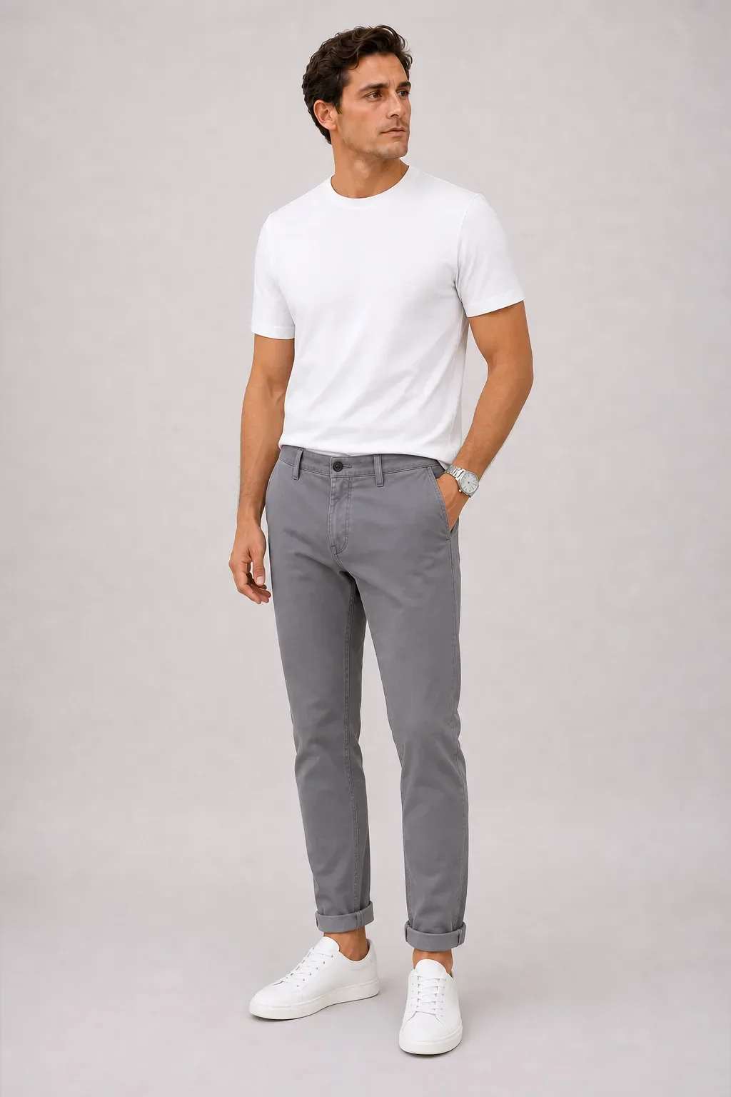 T-Shirt Weiss, dazu Chino Mittelgrau und Sneaker