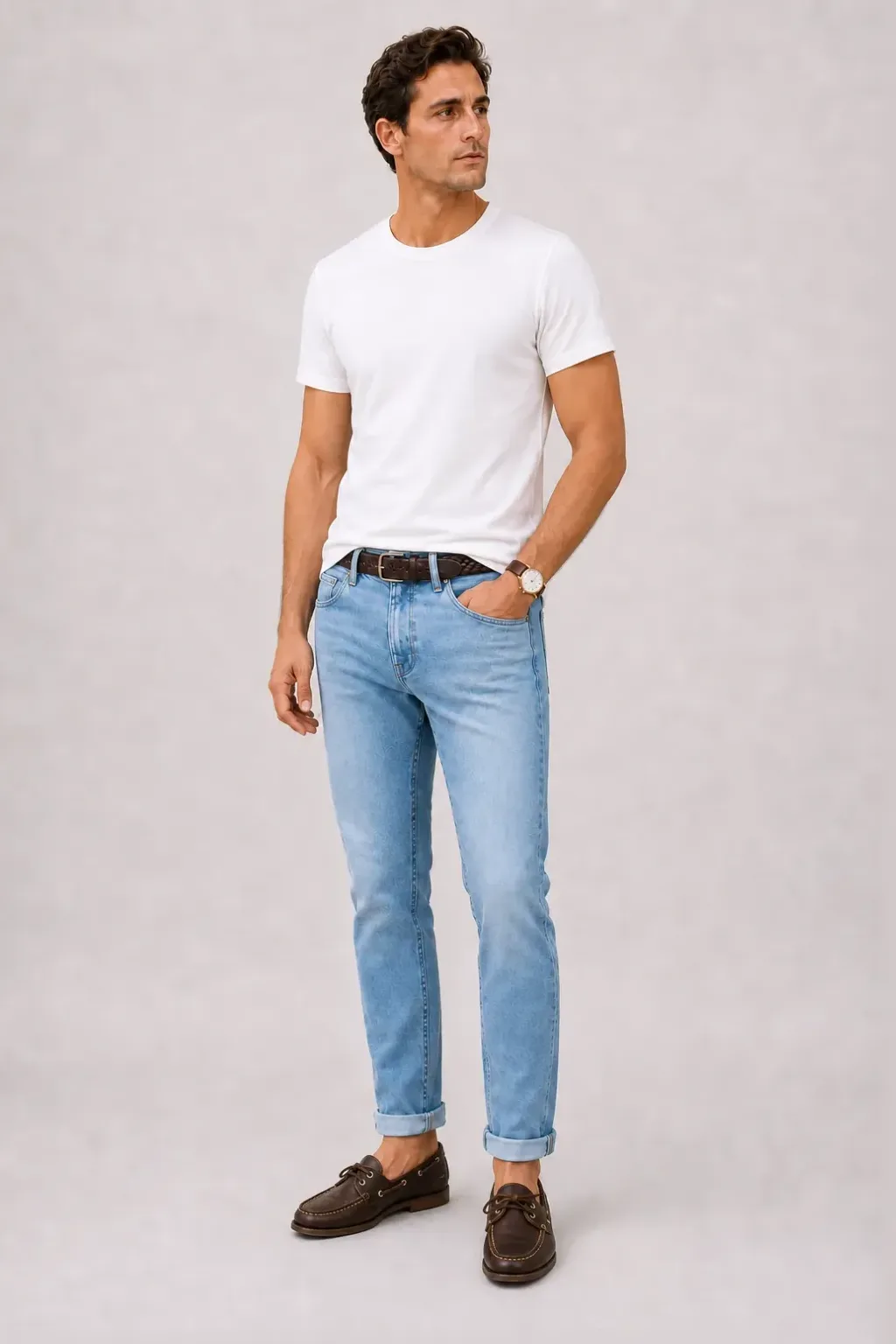 T-Shirt Weiss, dazu Jeans Hellblau und Bootsschuh