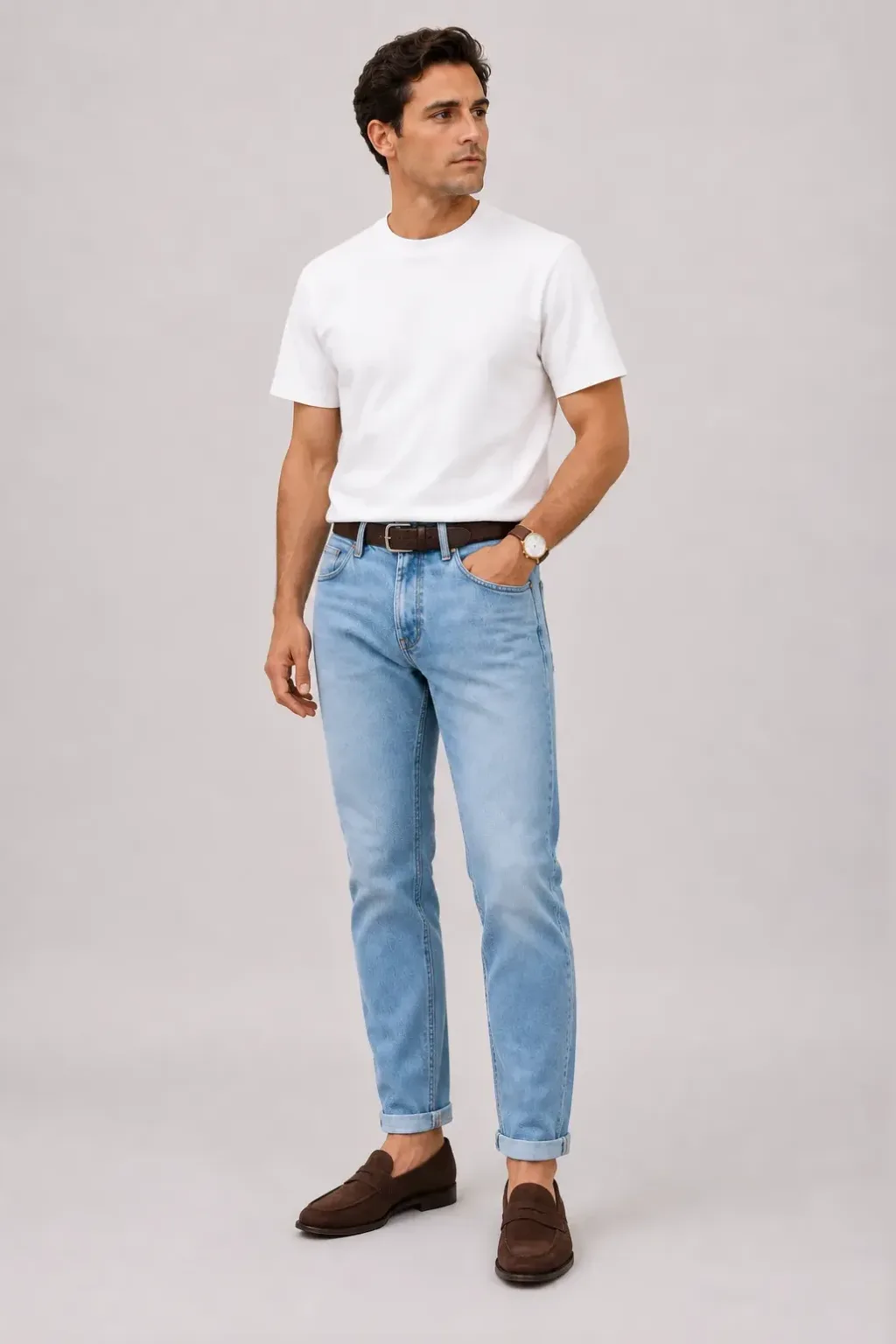 T-Shirt Weiss, dazu Jeans Hellblau und Bootsschuh