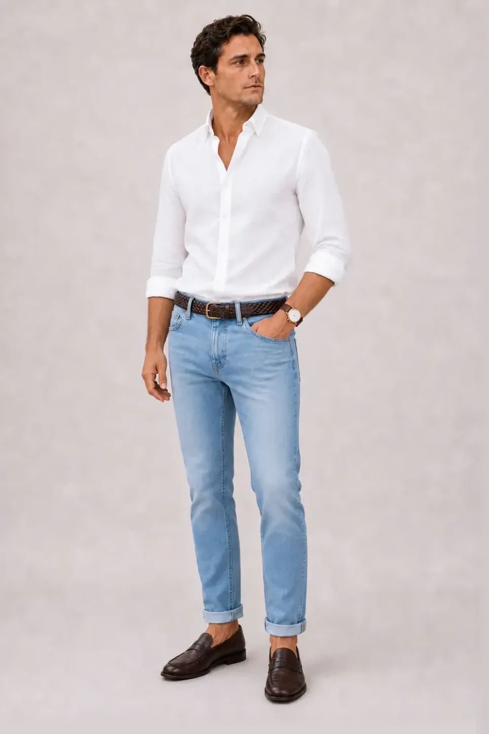 Button-Down-Hemd Weiss, dazu Jeans Hellblau und Penny Loafer
