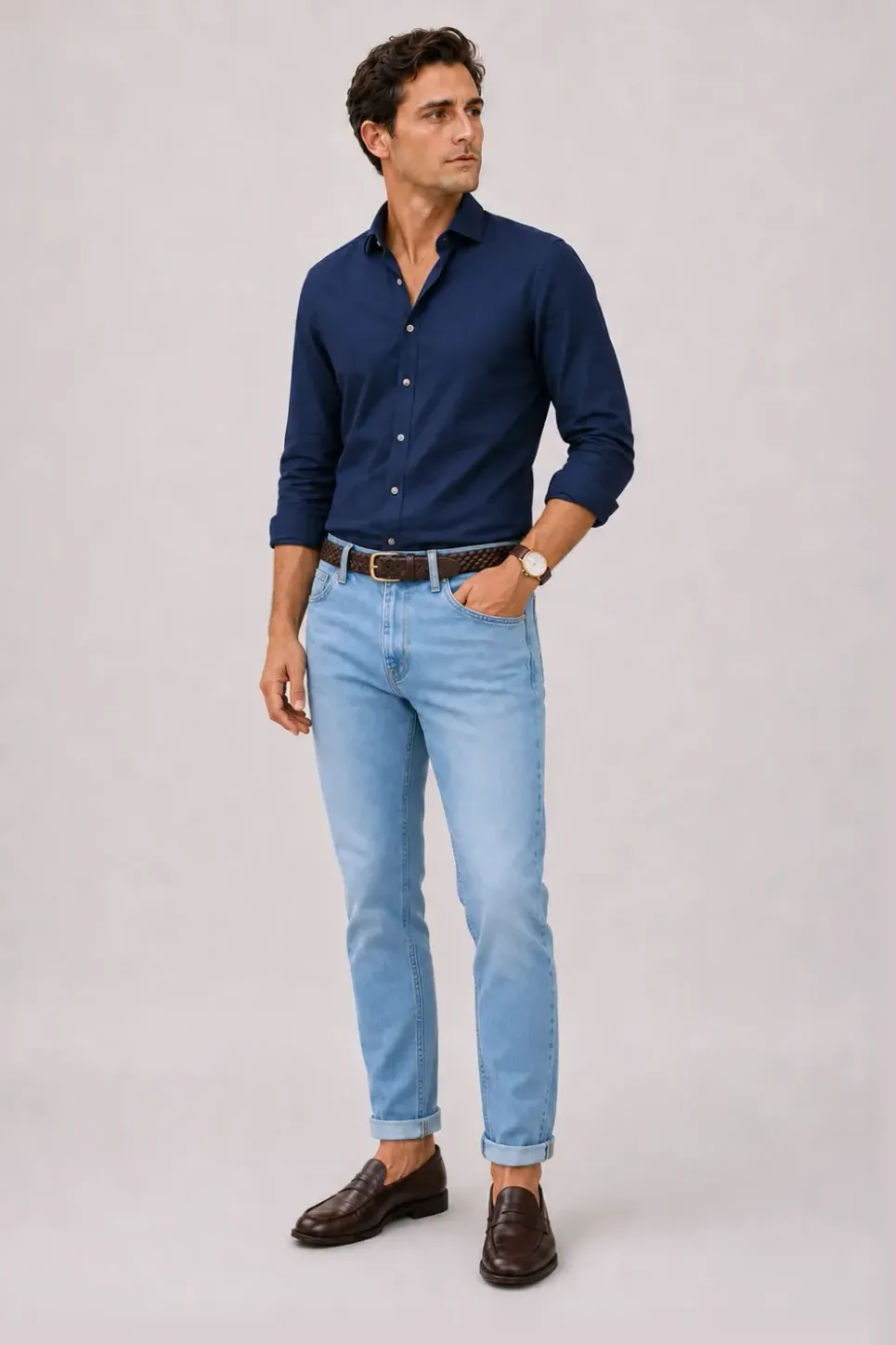 Button-Down-Hemd Navy, dazu Jeans Hellblau und Penny Loafer Wildleder