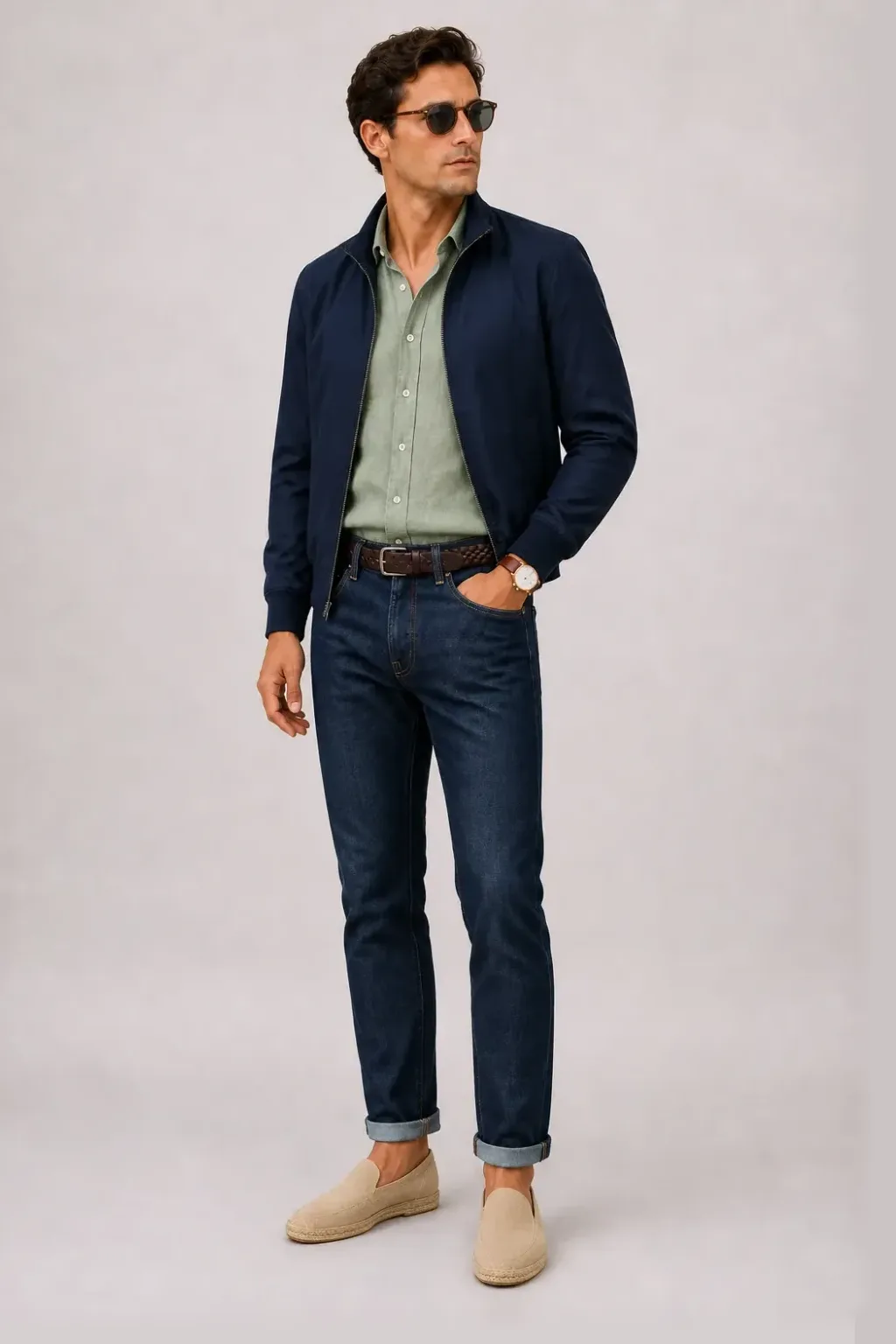 Harrington Blouson Navy über Leinenhemd, dazu Jeans Navy und Espadrille
