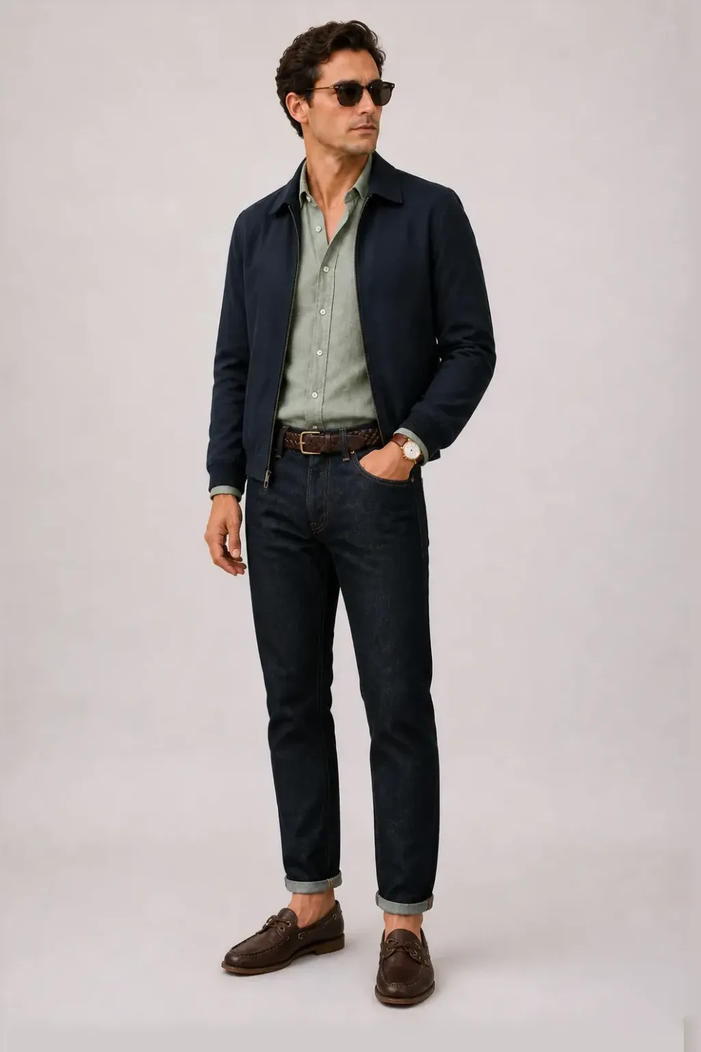 Harrington Blouson Navy über Leinenhemd, dazu Jeans Navy und Espadrille — Bootsschuh Dunkelbraun