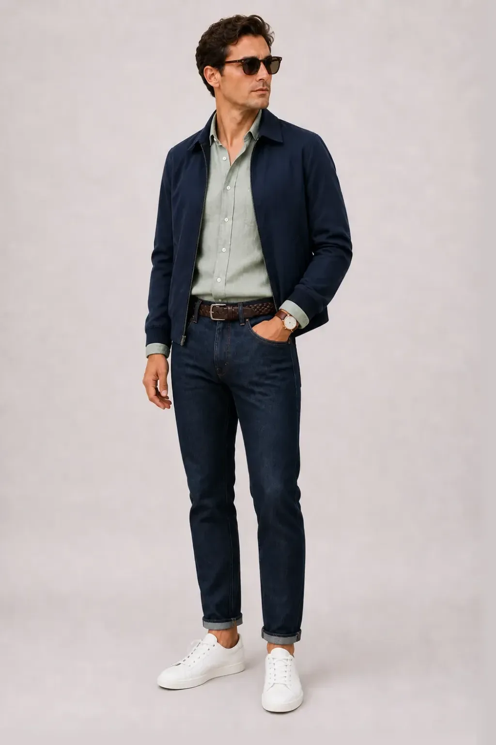 Harrington Blouson Navy über Leinenhemd, dazu Jeans Navy und Espadrille — Sneaker Weiss