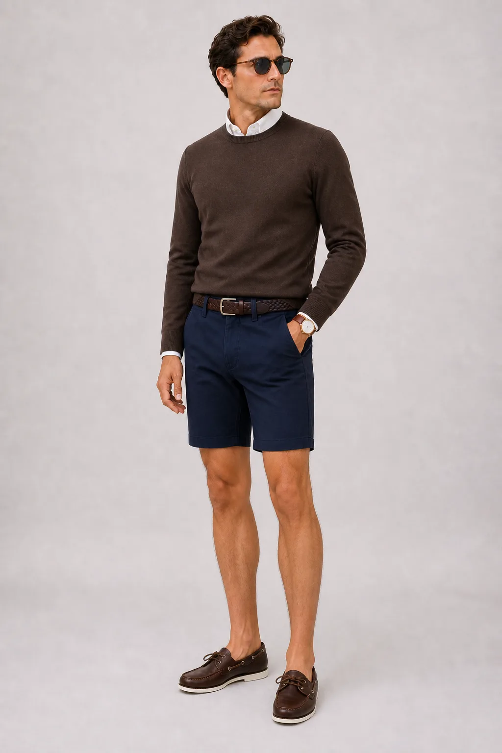 Crewneck-Pullover Feinstrick Schokobraun über Button-Down-Hemd, dazu Chino-Shorts Navy und Bootsschuh