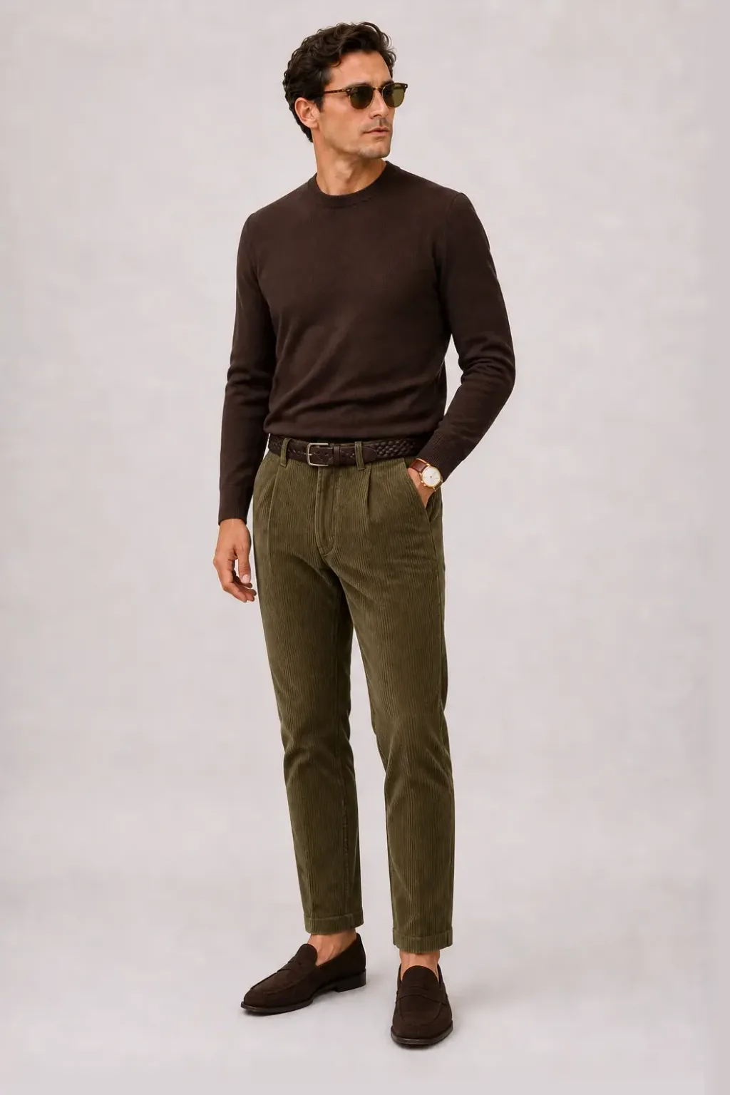 Crewneck-Pullover Feinstrick Schokobraun, dazu Cordhose Oliv und Penny Loafer Wildleder