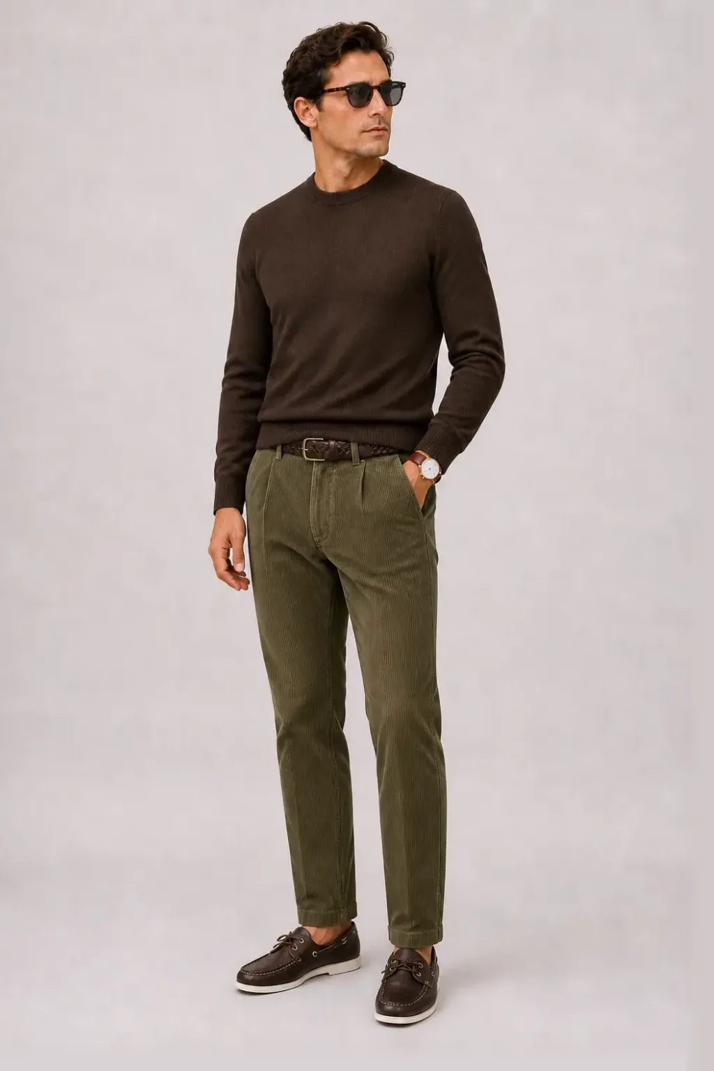 Crewneck-Pullover Feinstrick Schokobraun, dazu Cordhose Oliv und Penny Loafer Wildleder
