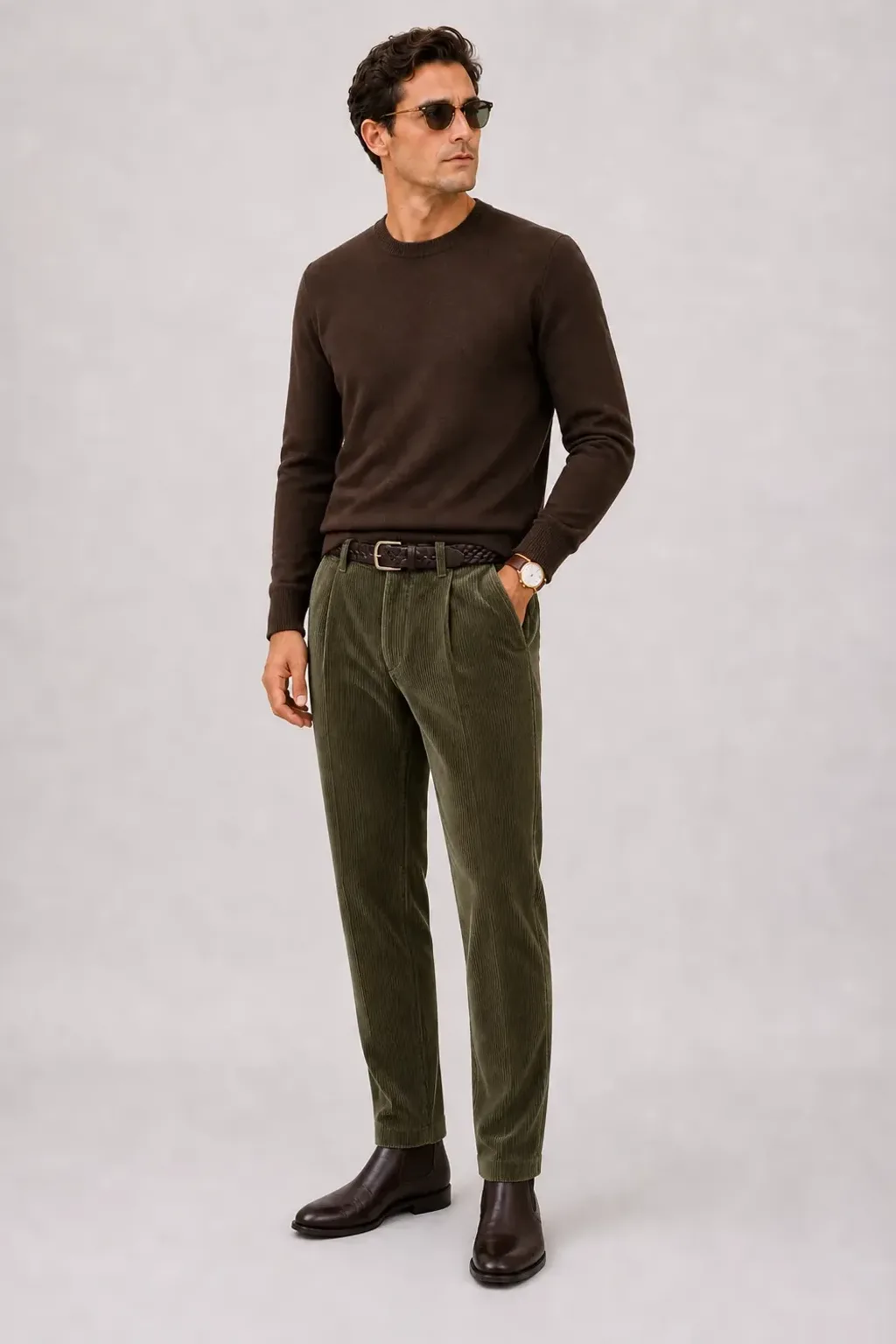 Crewneck-Pullover Feinstrick Schokobraun, dazu Cordhose Oliv und Penny Loafer Wildleder